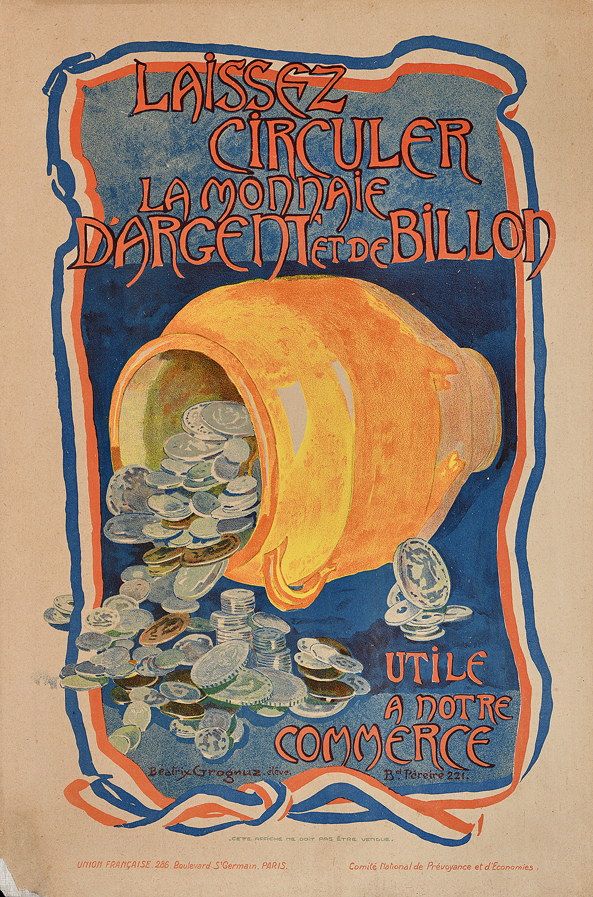 A lithographic poster of a large pot laying on its side with silver coins spilling out.