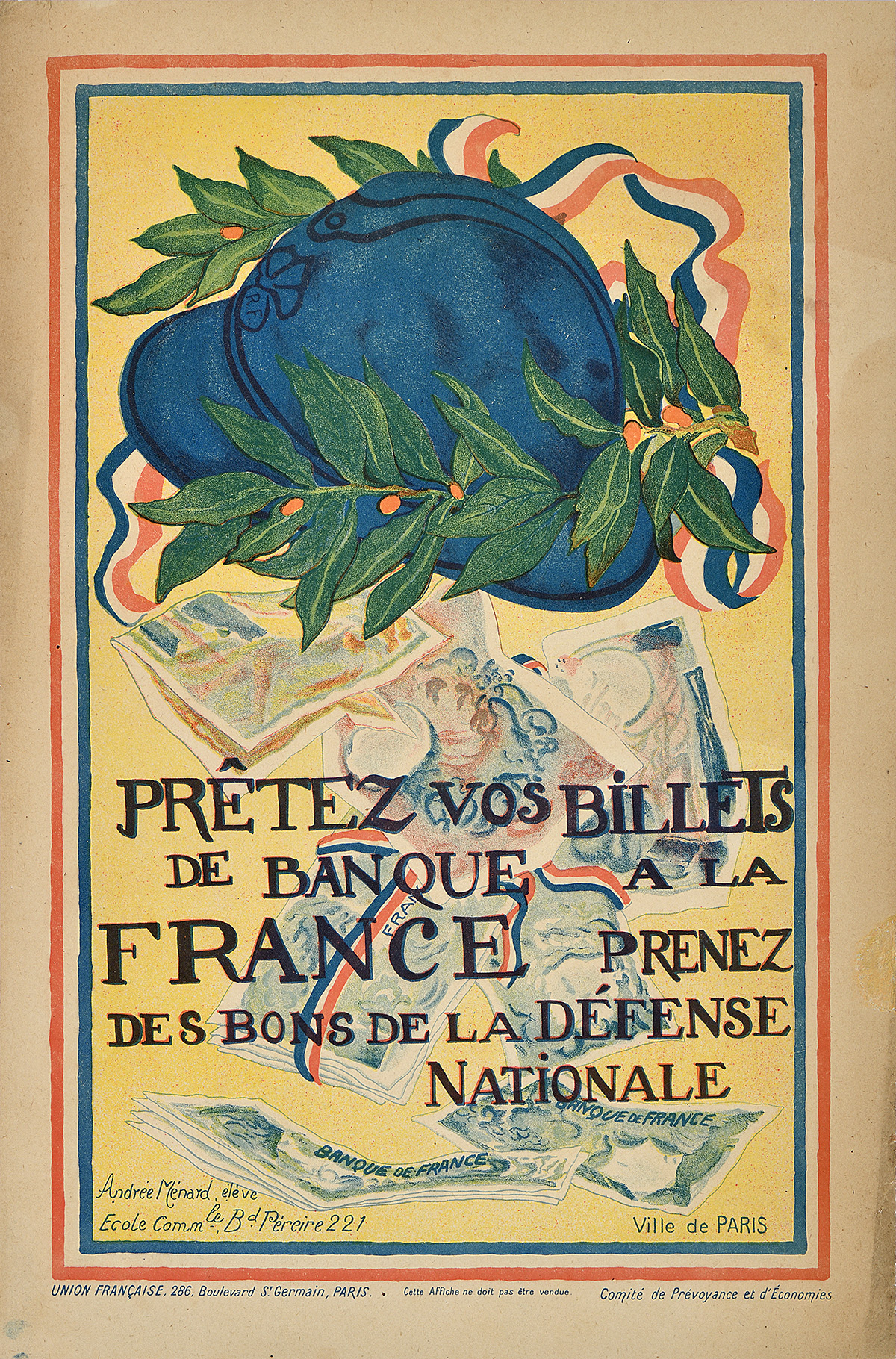 A lithographic poster of a helmet with laurels above falling money and a French flag ribbon.