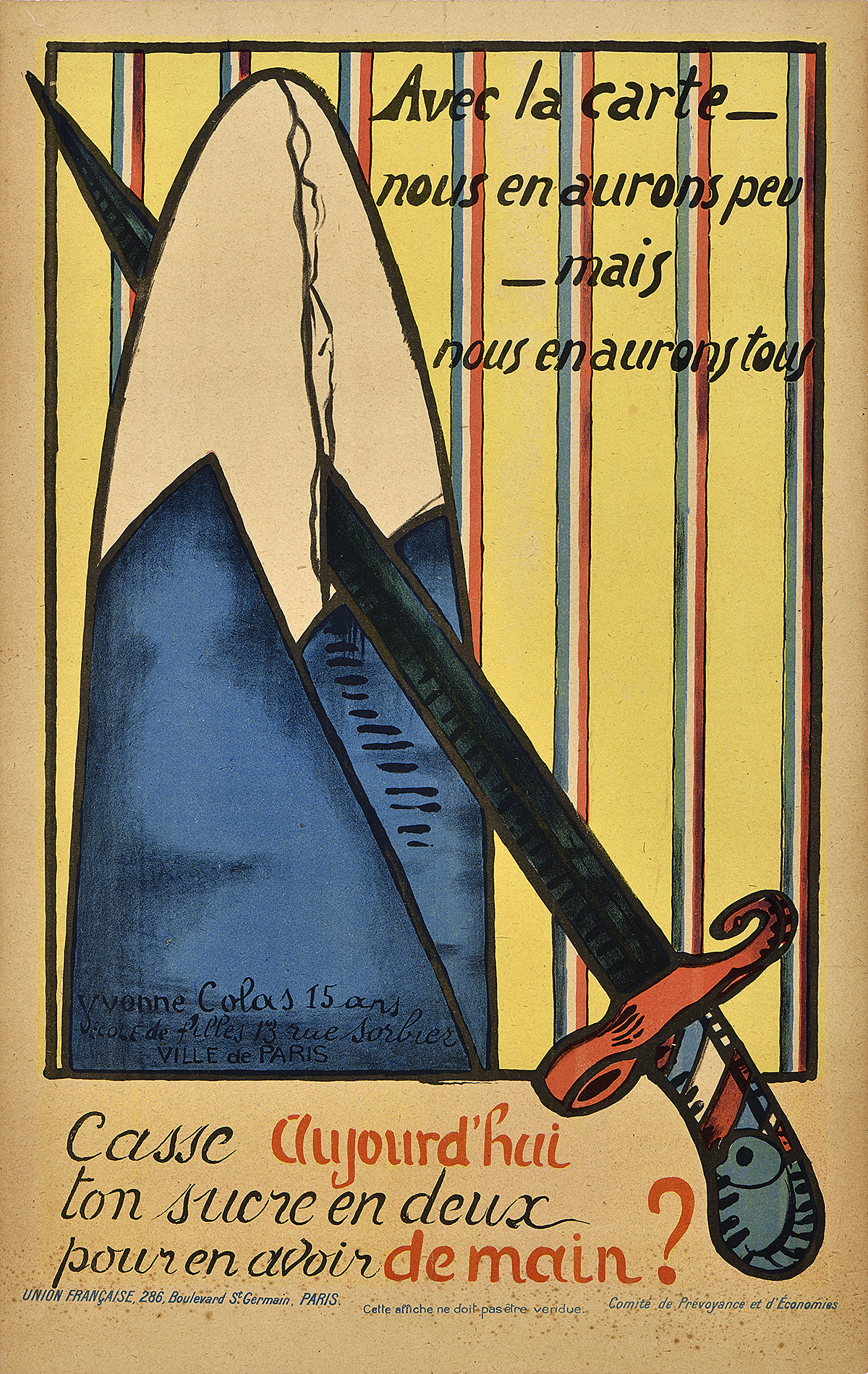 A lithographic poster of a nub of sugar being cut by a sword.