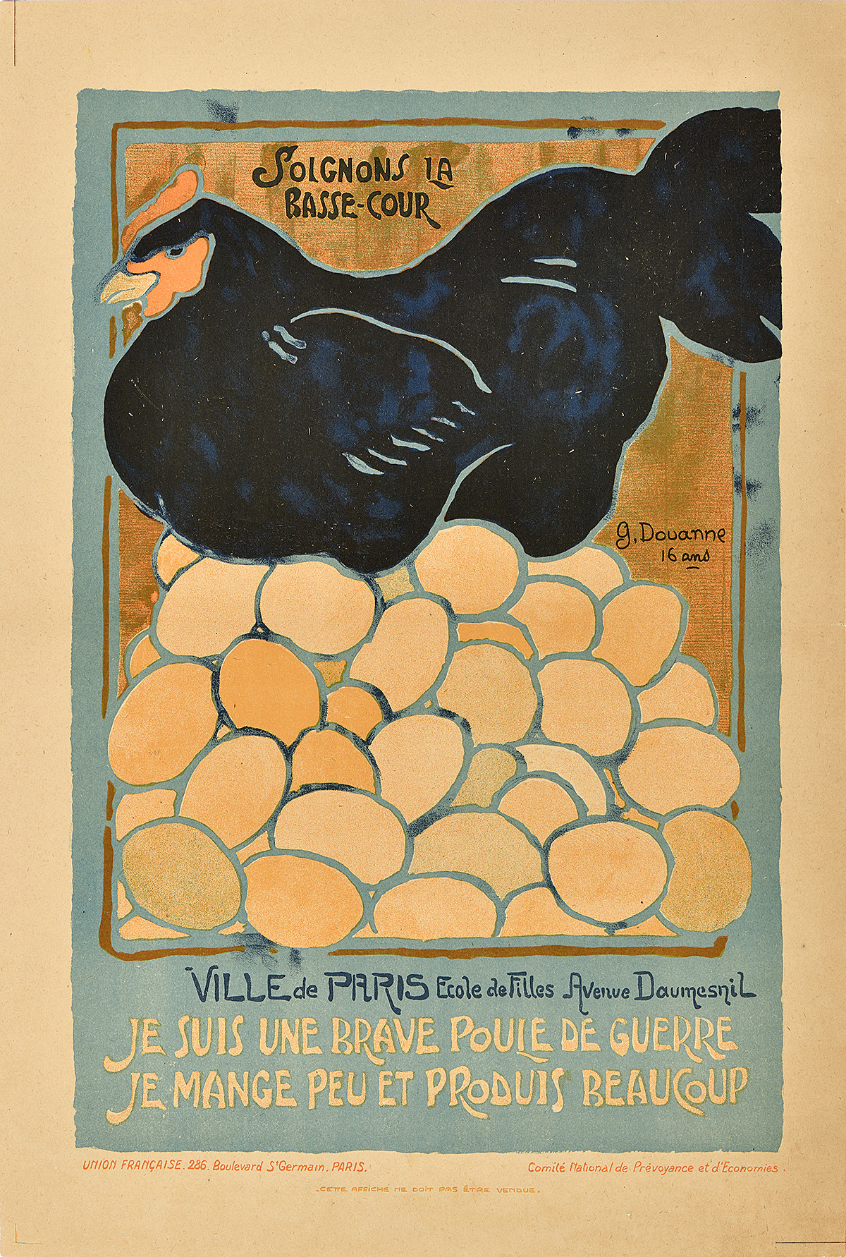 A lithographic poster of a black chicken sitting on a large pile of eggs.