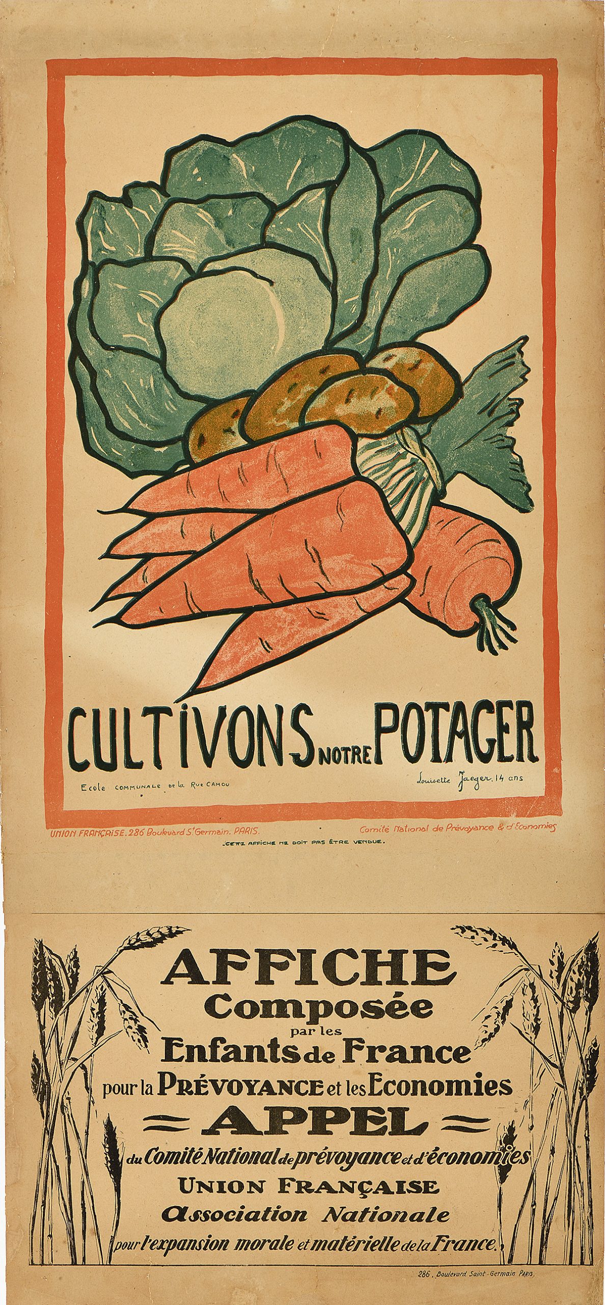 A lithographic poster of cabbage, carrots, and potatoes above text with wheat.