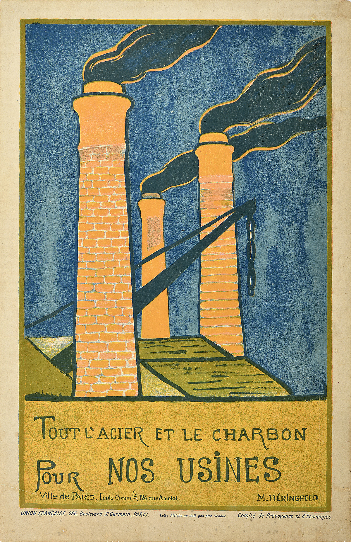 A lithographic poster of factory roofs and chimneys with smoke billowing out from them.