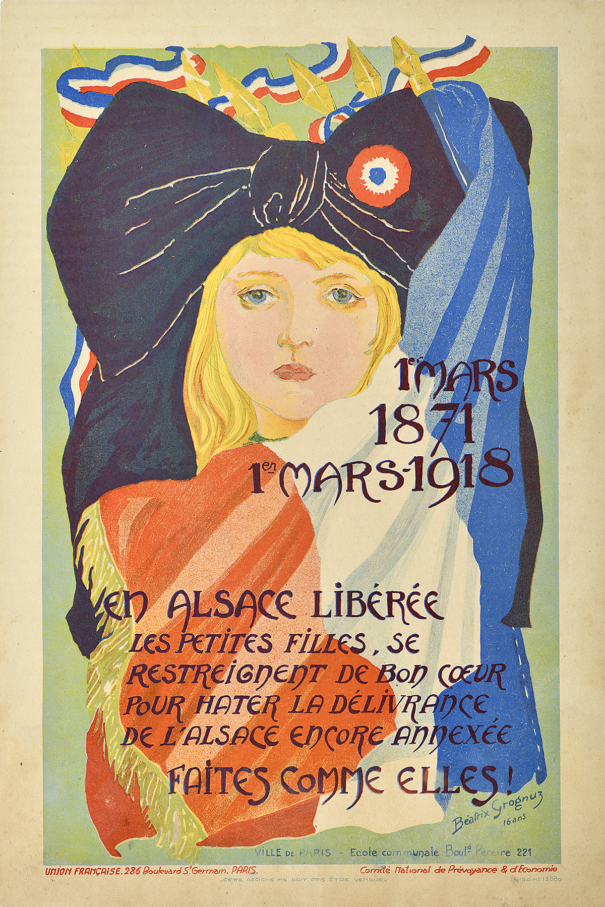A lithographic poster of a young blonde girl wearing a big bow and surrounded by the French flag.