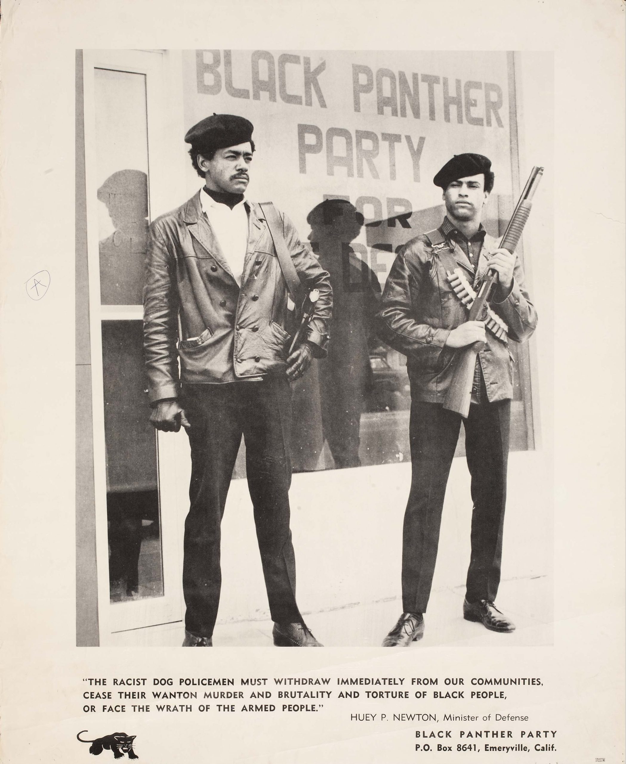 A photograph of two Black men standing in front of a building wearing black berets and rifles.
