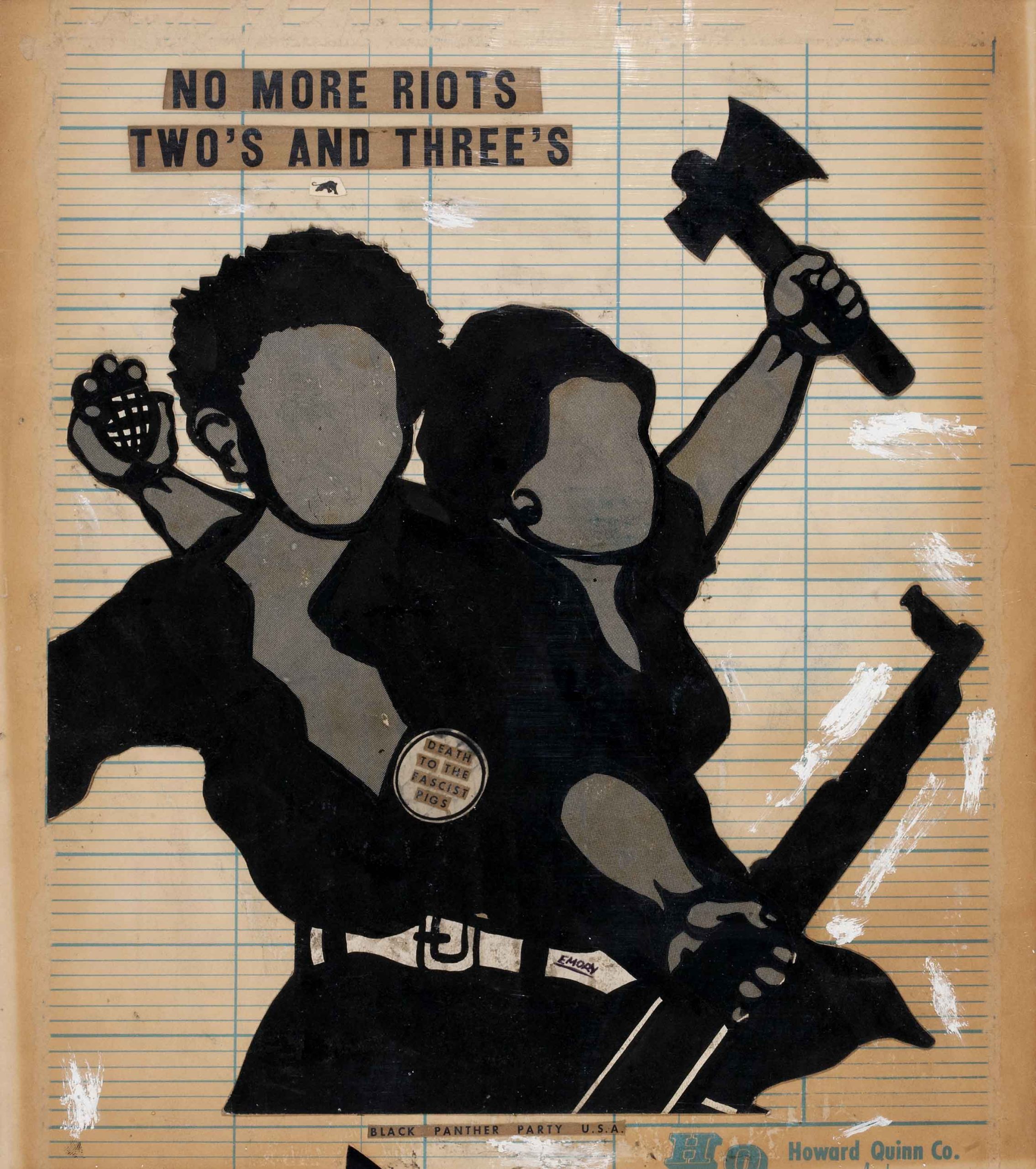 A maquette of 2 Black women with no facial features holding weapons.