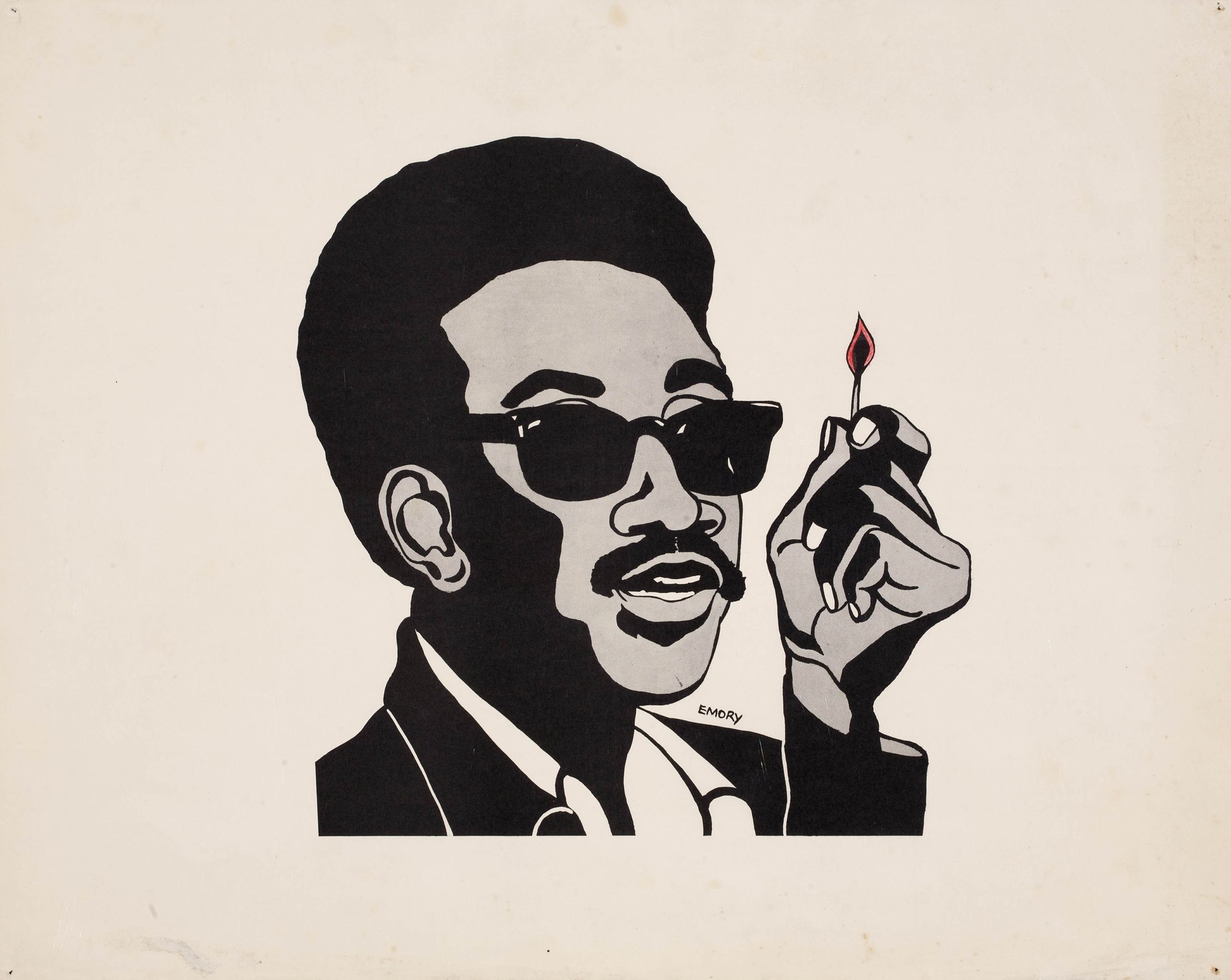 An illustrated print of a Black man wearing a suit and sunglasses holding a lit match.