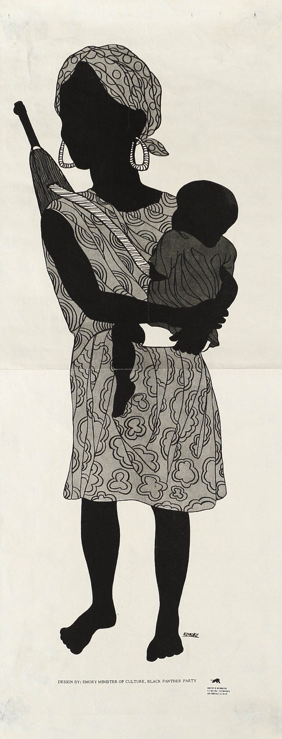 A photo offset print of a Black mother holding a baby with a rifle slung on her back.