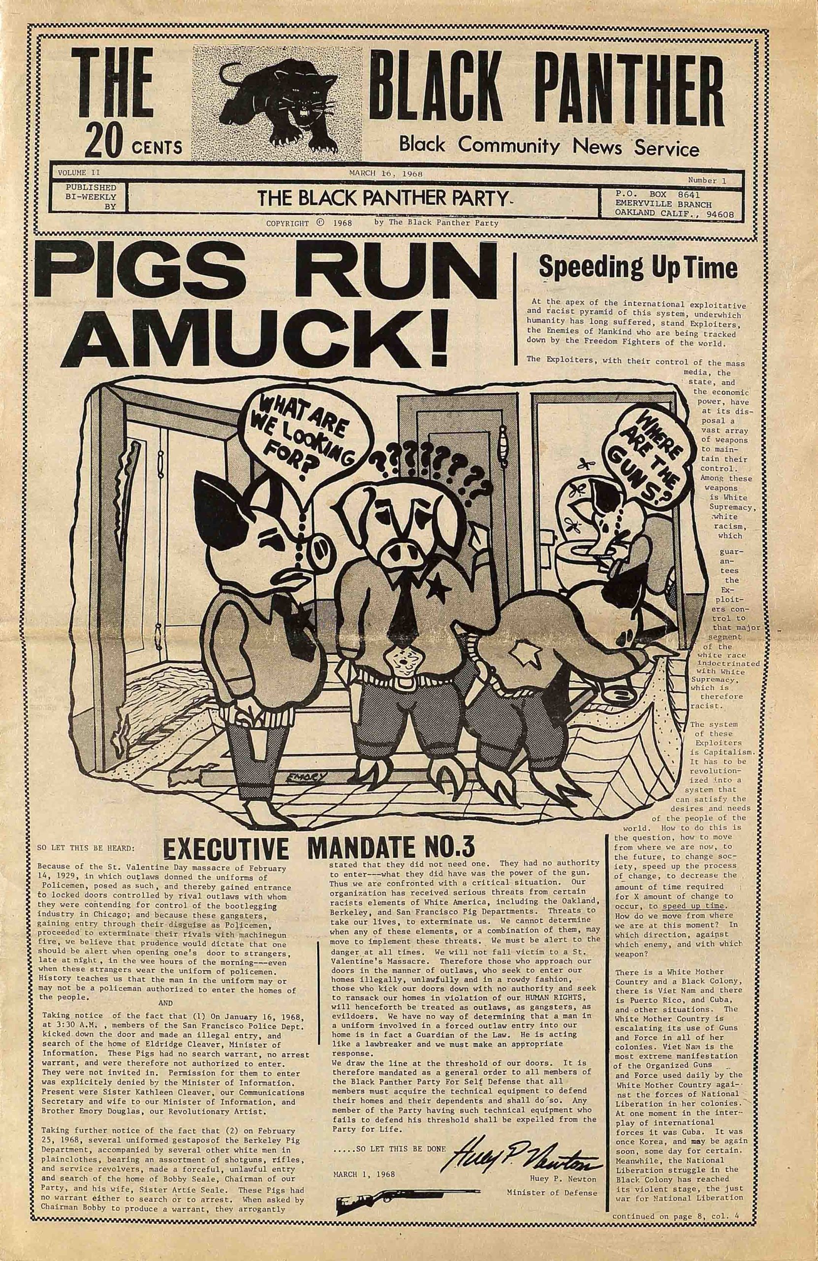 A newspaper article of with a picture of pigs in police uniforms with text 