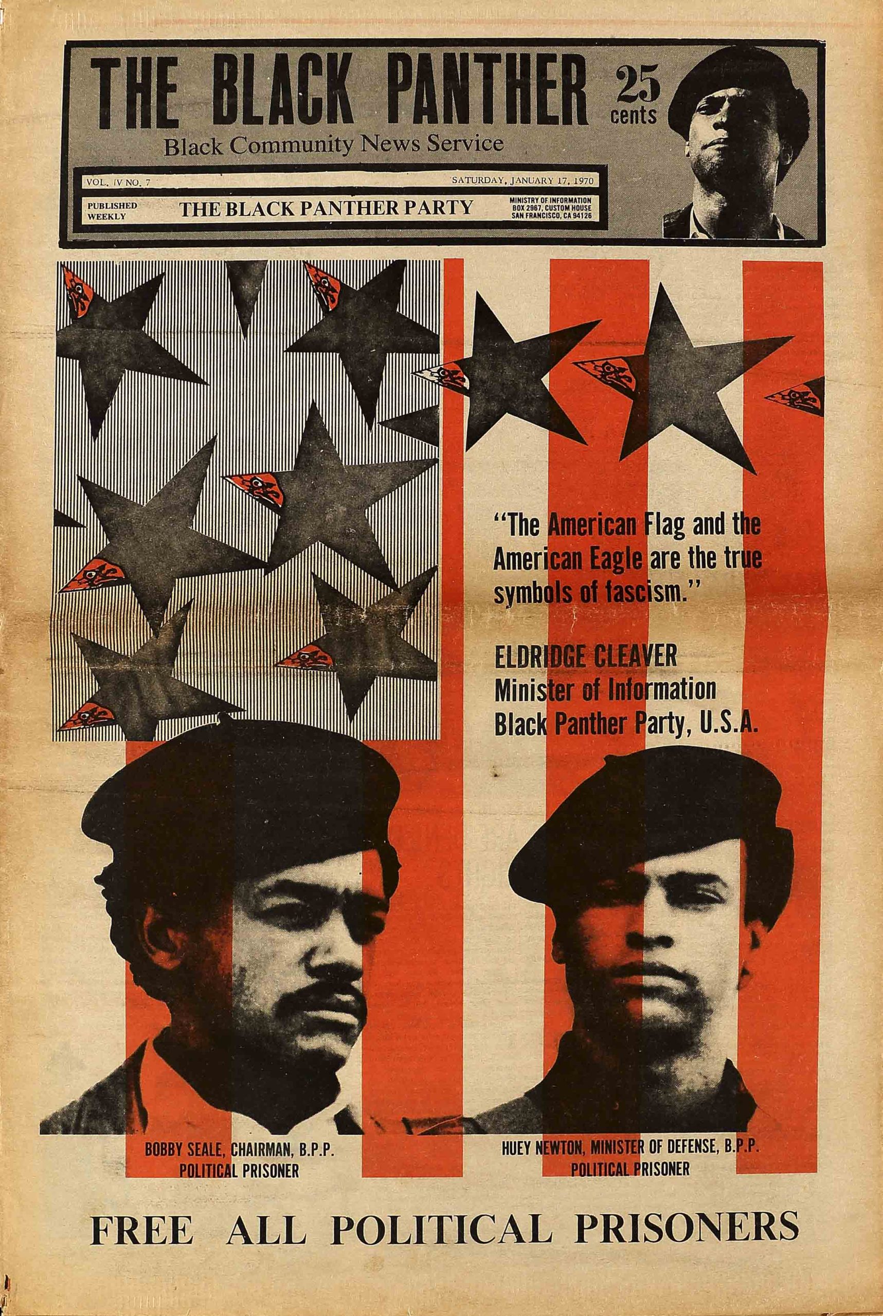 A newspaper cover of 2 Black men wearing berets in front of an American flag.