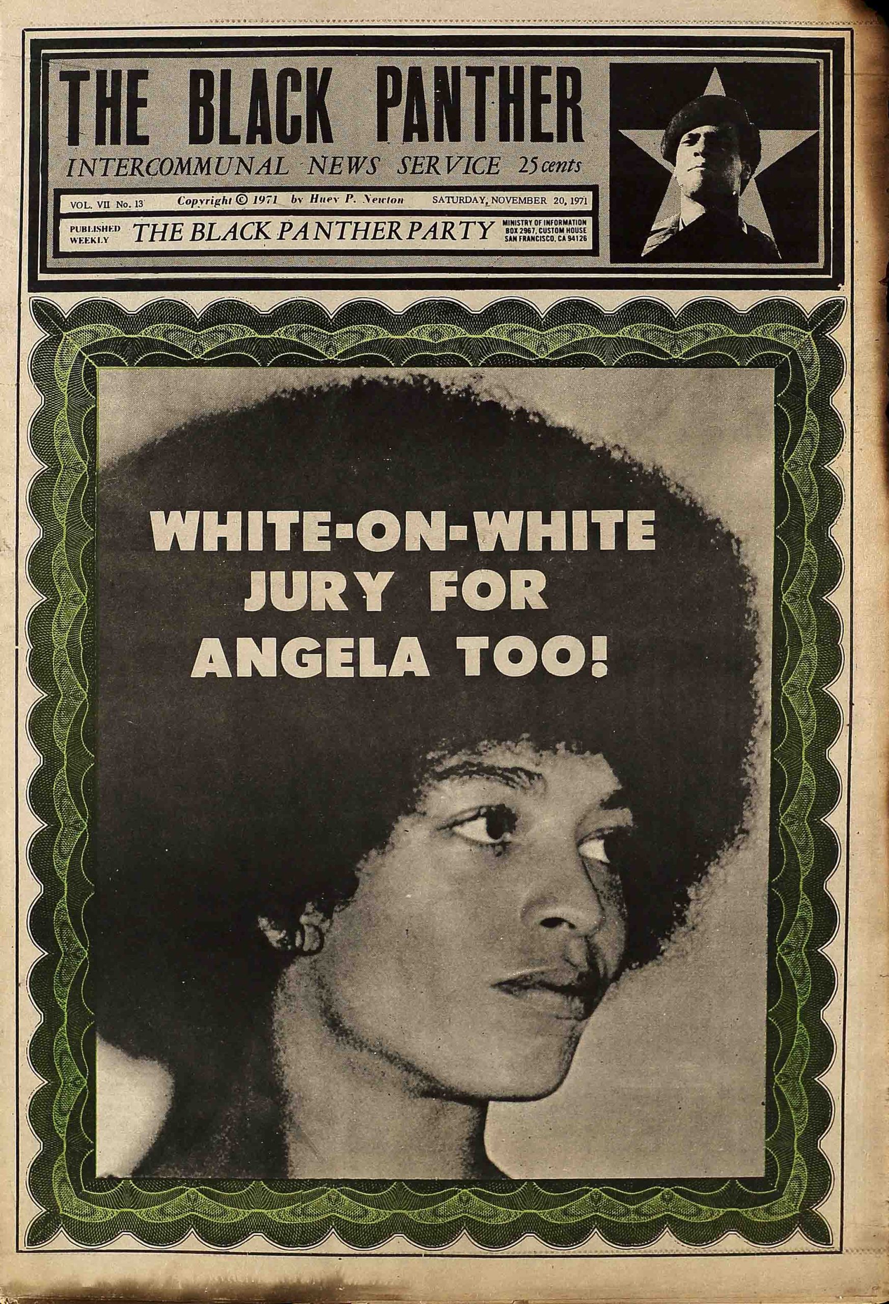 A newspaper cover of Angela Davis, a Black woman with an afro, looking serious in the distance.
