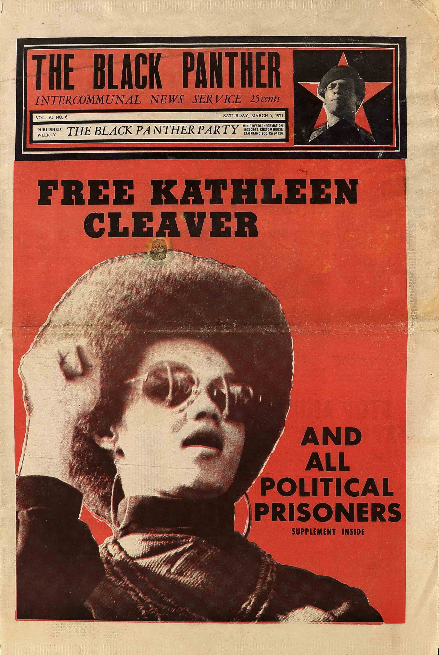 A newspaper cover of Kathleen Cleaver, a Black woman with an afro, holding a fist up in the air.