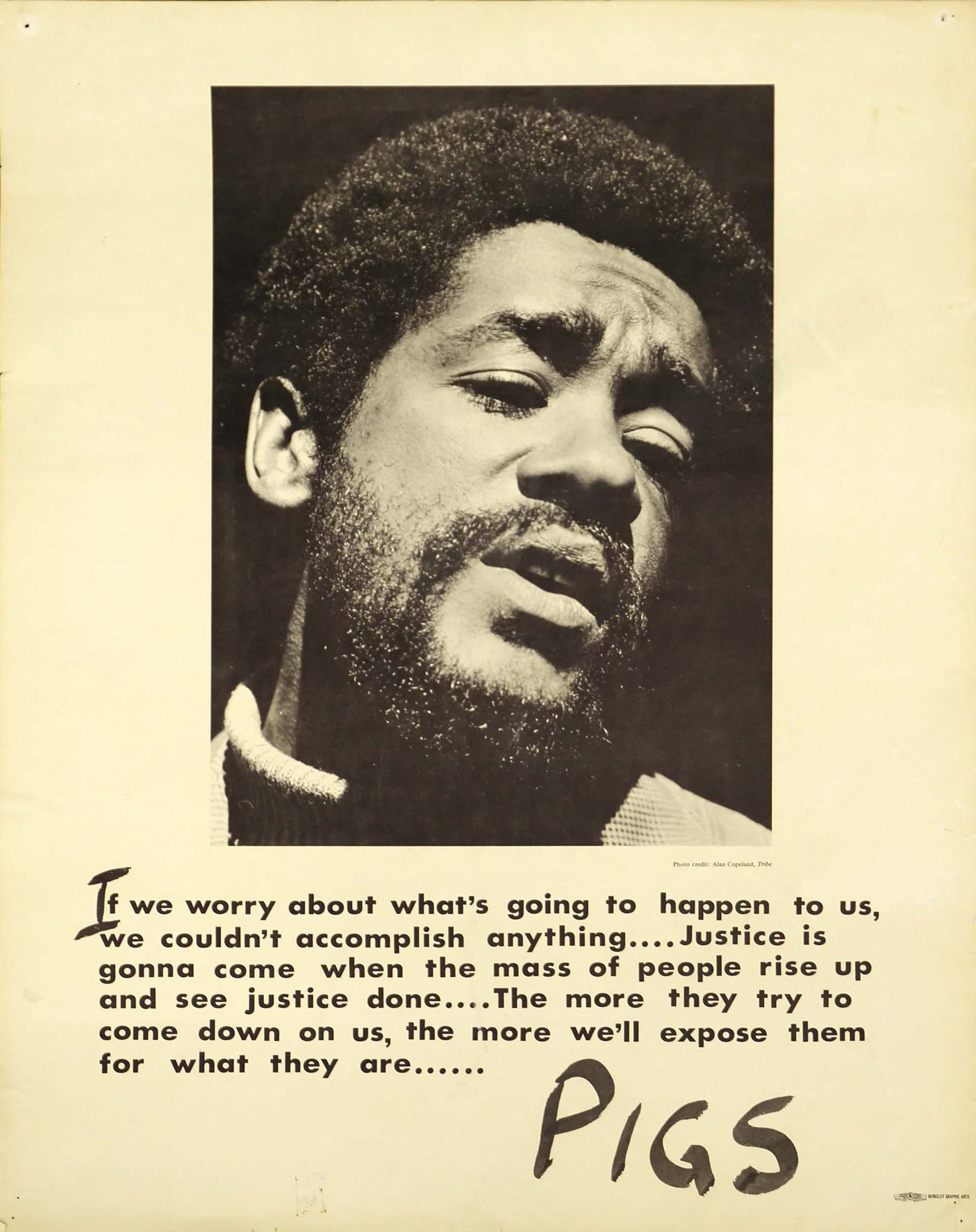A photo offset poster of a photograph of a sad Black man's face above text.