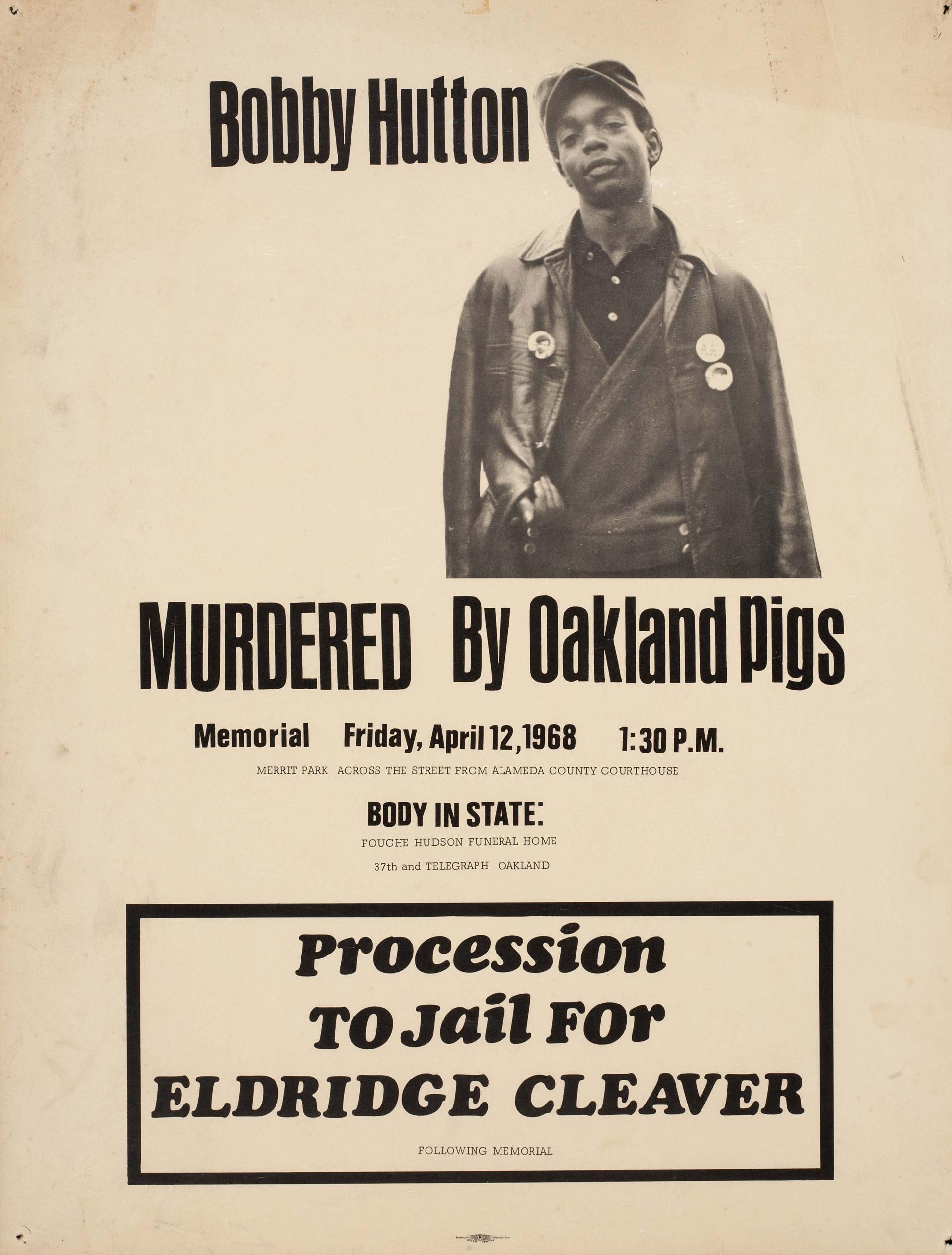A photo offset poster of a murder notice and memorial of Bobby Hutton, a young Black man.