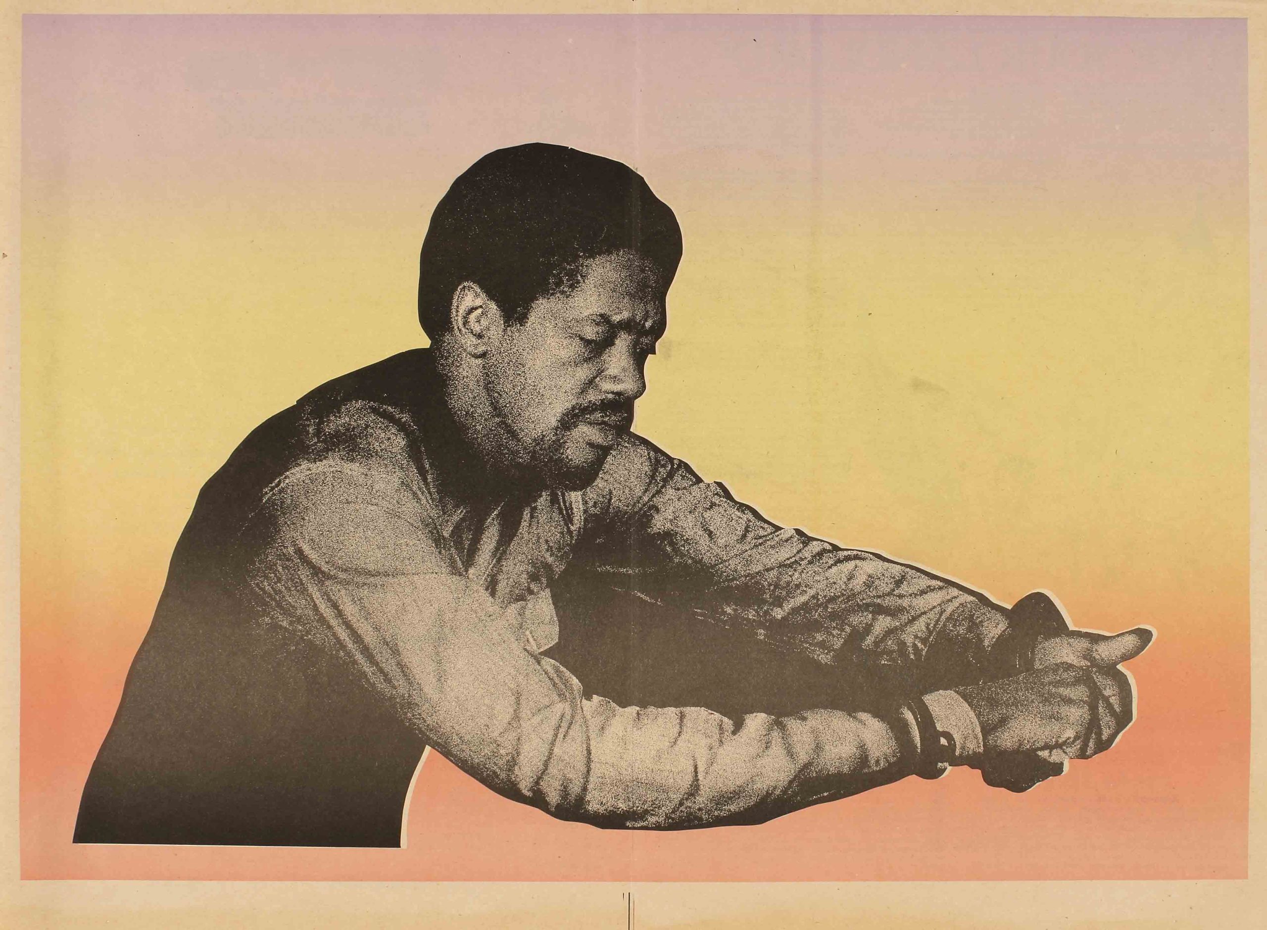 A photo offset poster of a Black man in handcuffs in front of a colorful ombre background.