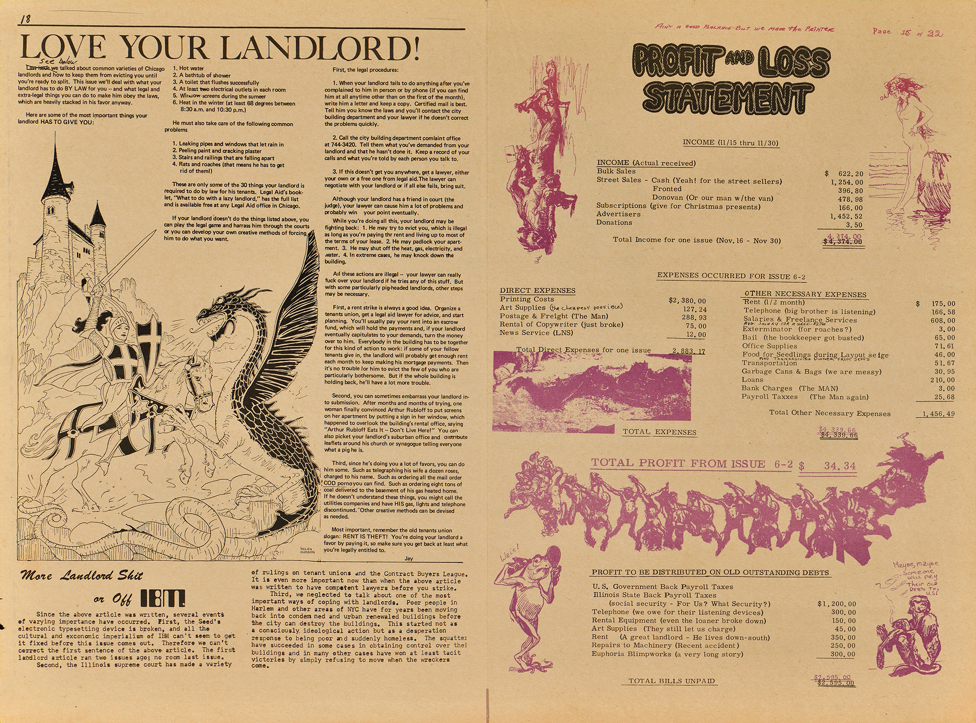 An open document of financial information about tenants’ rights with images of dragons and knights.