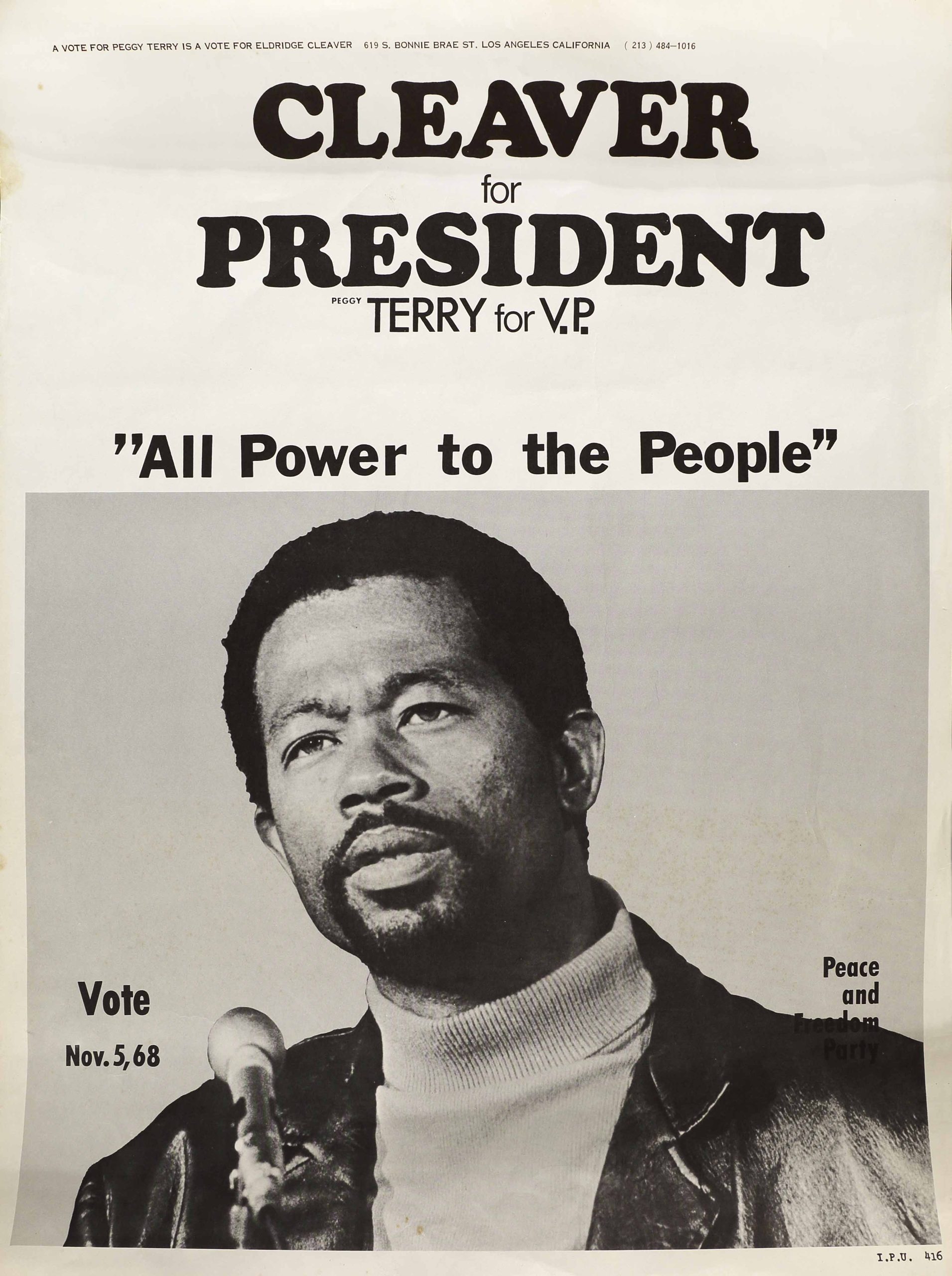 A presidential-campaign poster for Cleaver, a Black man wearing a jacket talking at a podium.
