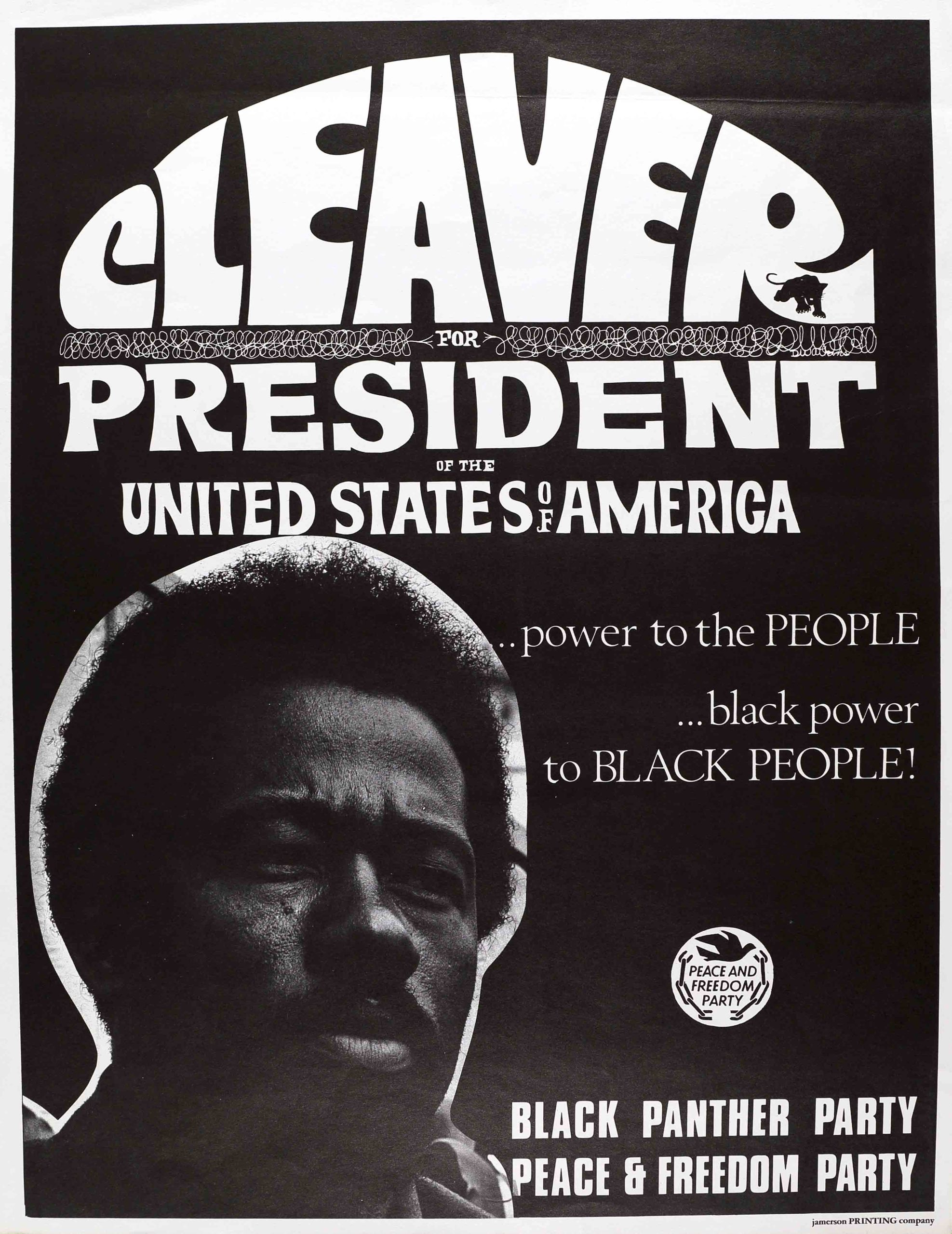 A black and white presidential-campaign poster for Cleaver, a Black man looking in to the distance.