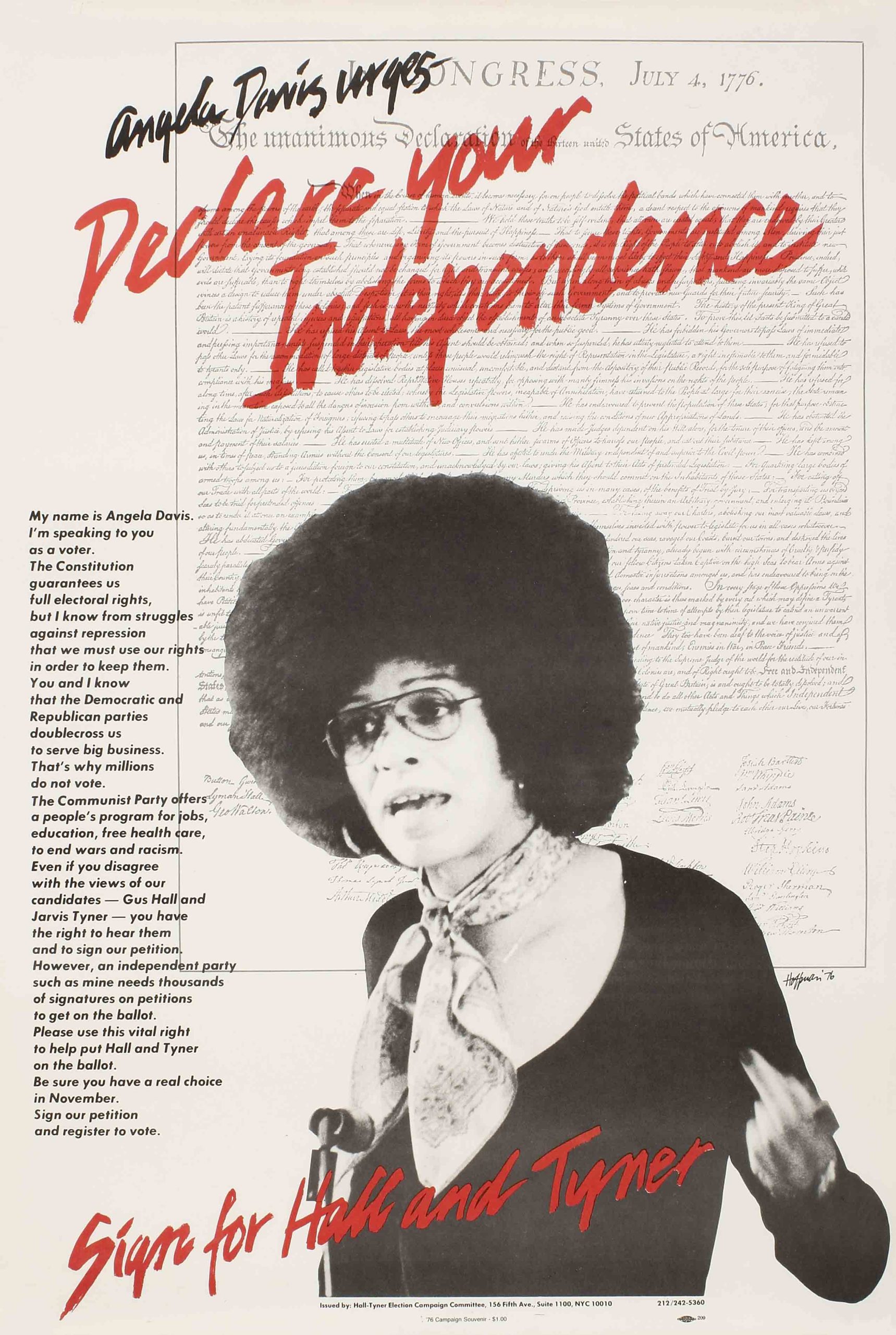 A photo offset poster of Angela Davis, a Black woman with an afro and glasses speaking at a podium.