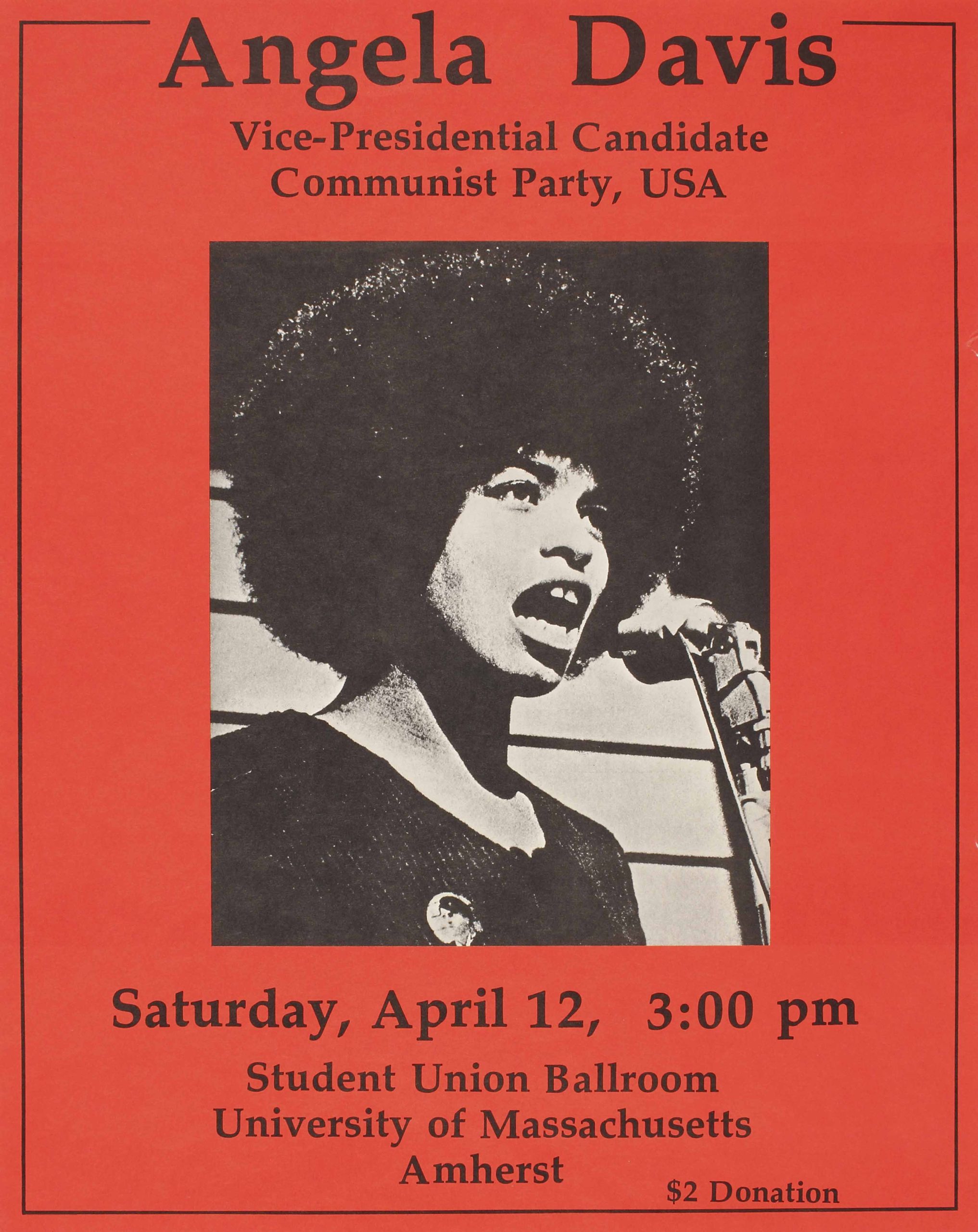 A red photo offset poster of Angela Davis, a Black woman with a large afro speaking at a podium.