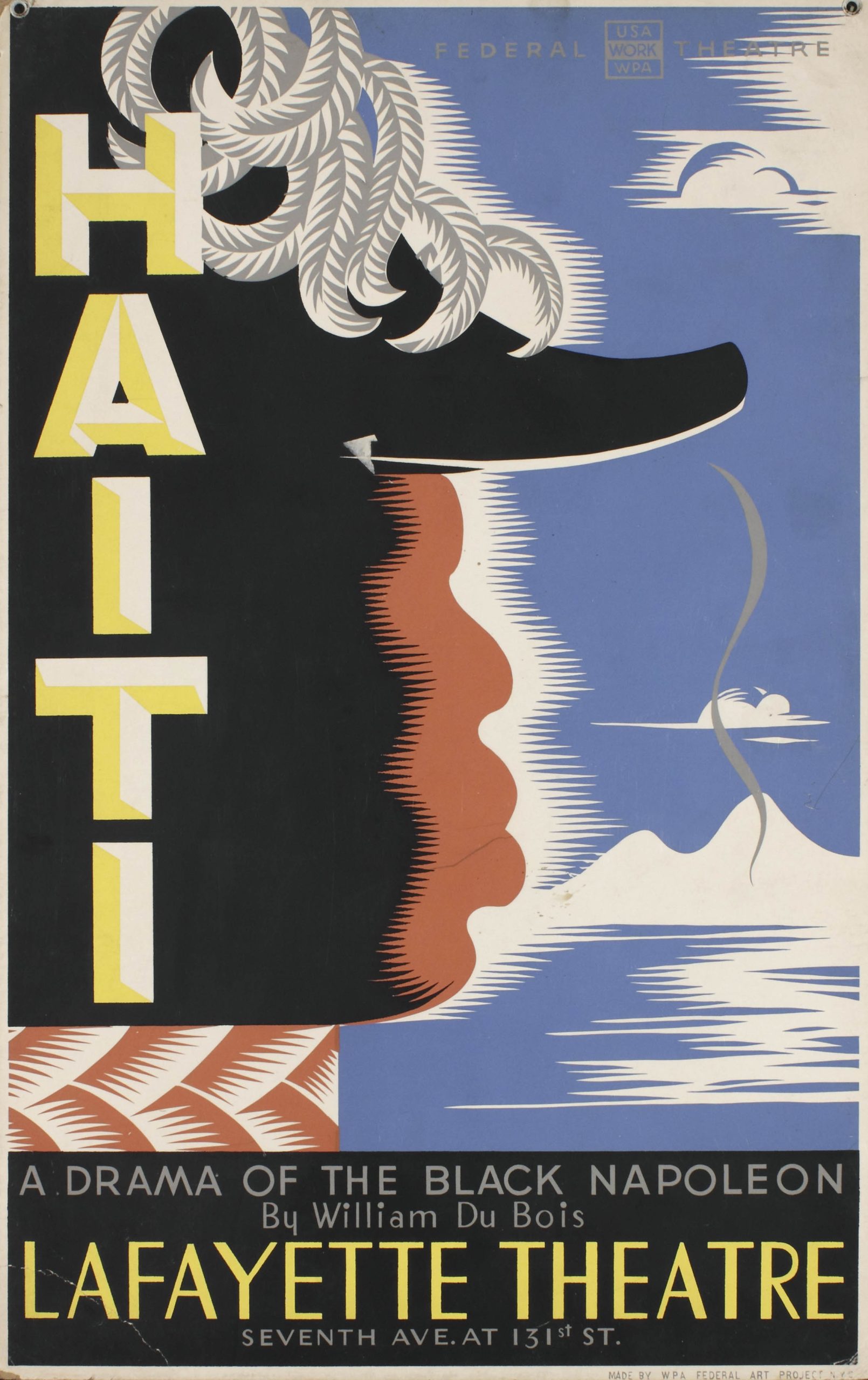 A silkscreen poster of a profile of a medium to dark skinned figure over a water background.
