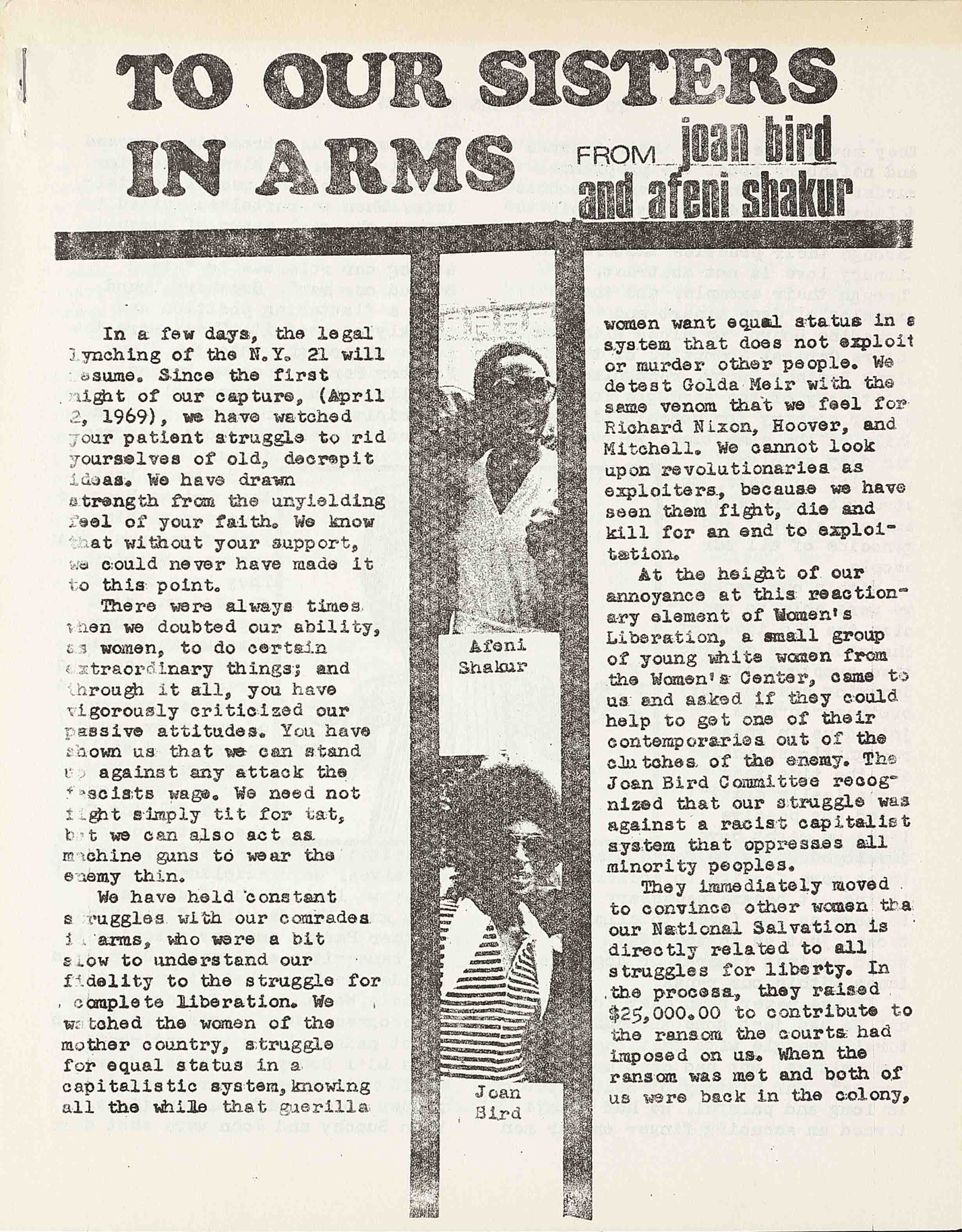 A pamphlet of 2 images of Black women in the center of the page inbetween text.