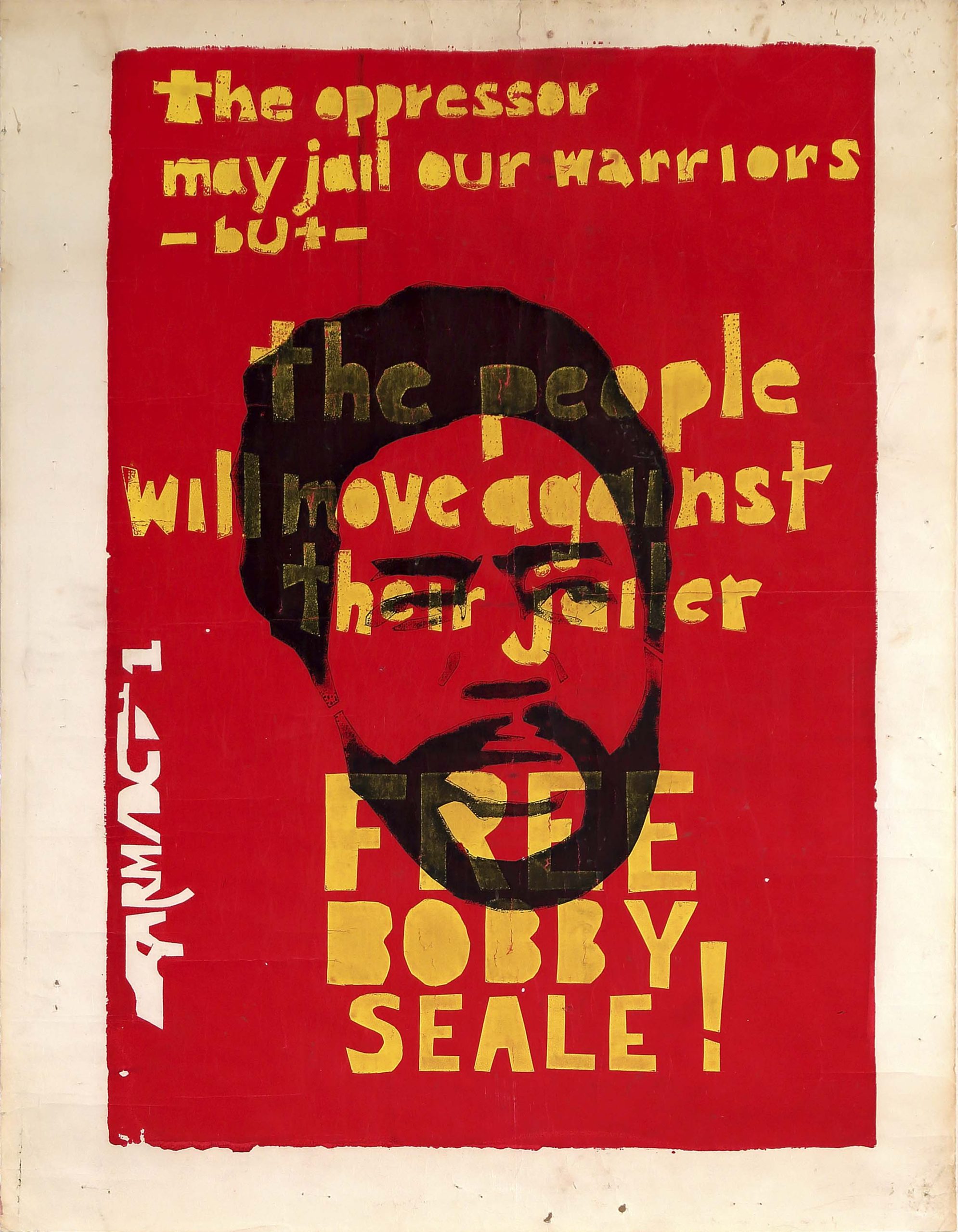 A red silkscreen poster of Bobby Seale's face printed over yellow text about 
