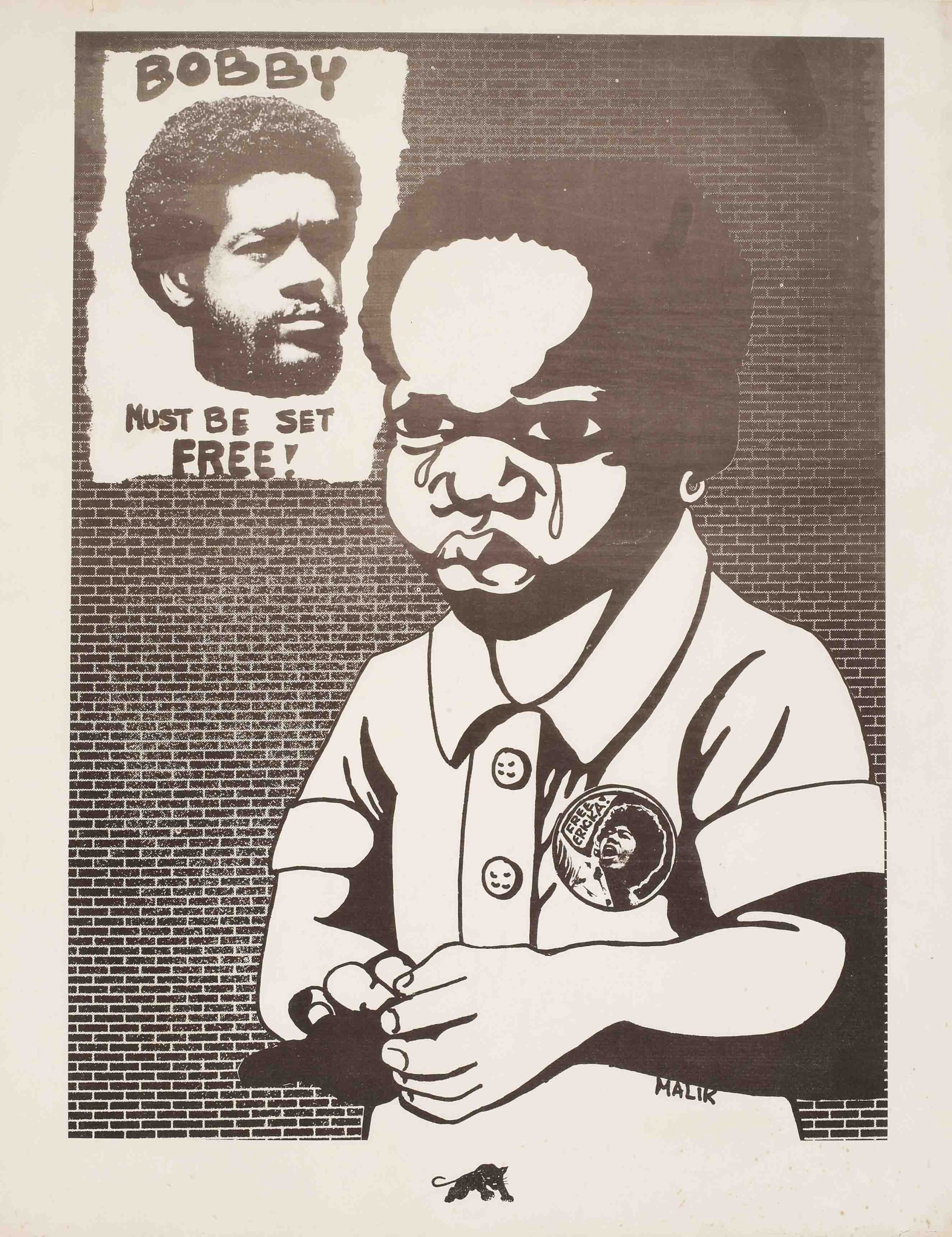 A photo offset poster of a young Black boy crying in front of a poster stating to free Bobby.