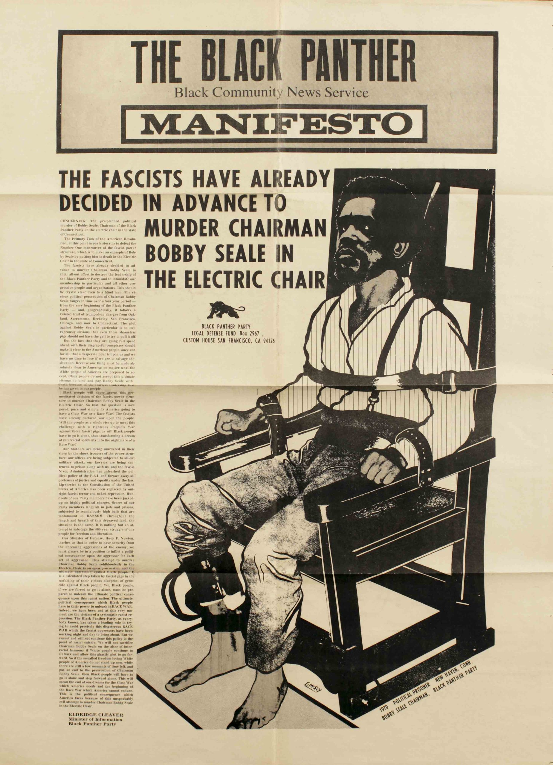 A newspaper cover of Bobby Seale, a Black man, sitting in an electric chair.