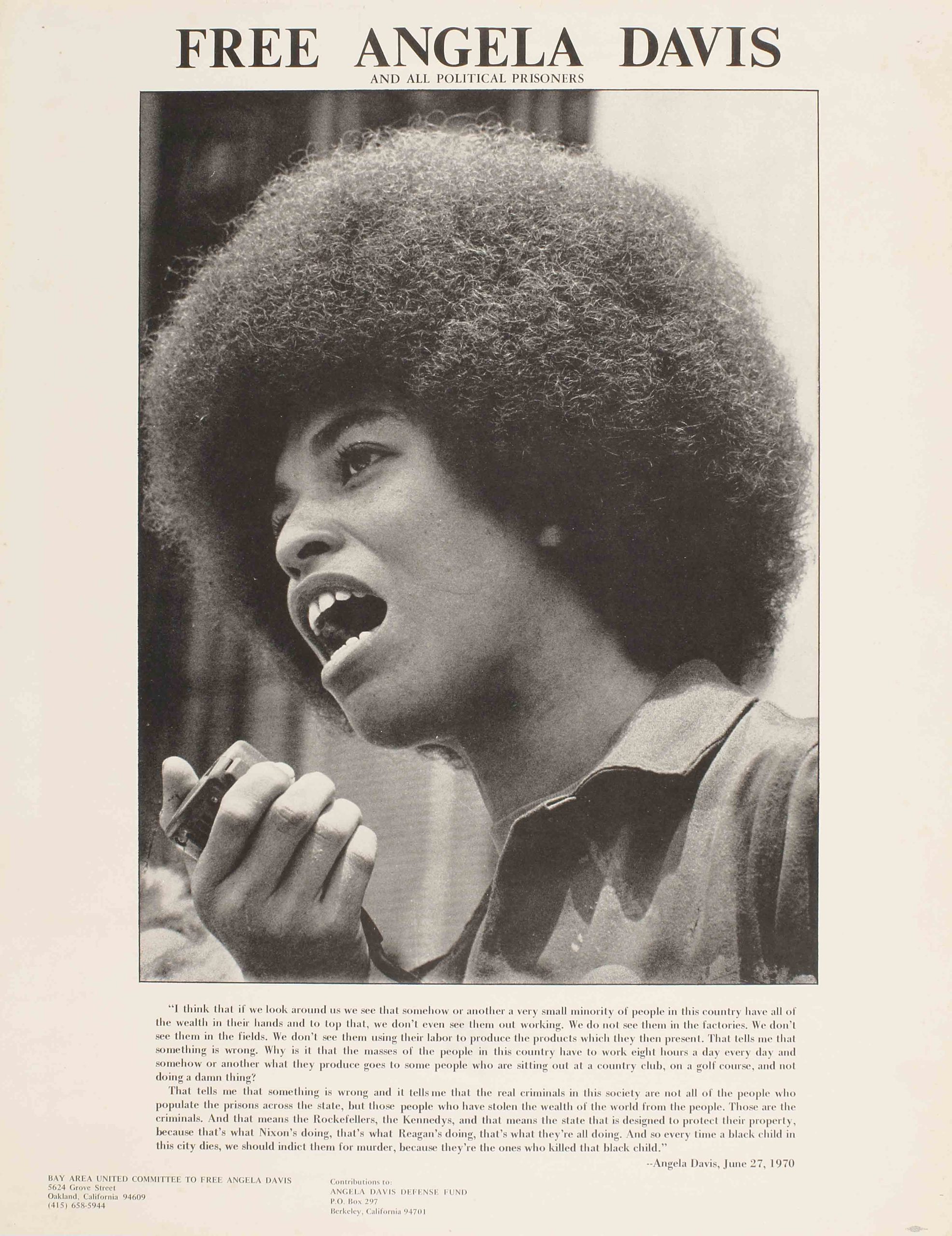A photo offset poster of Angela Davis, a Black woman, speaking into a megaphone.
