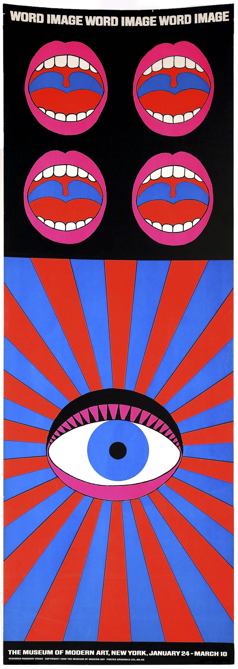 A photo offset poster of 4 screaming mouths. Underneath is an eyeball with rays coming from it.