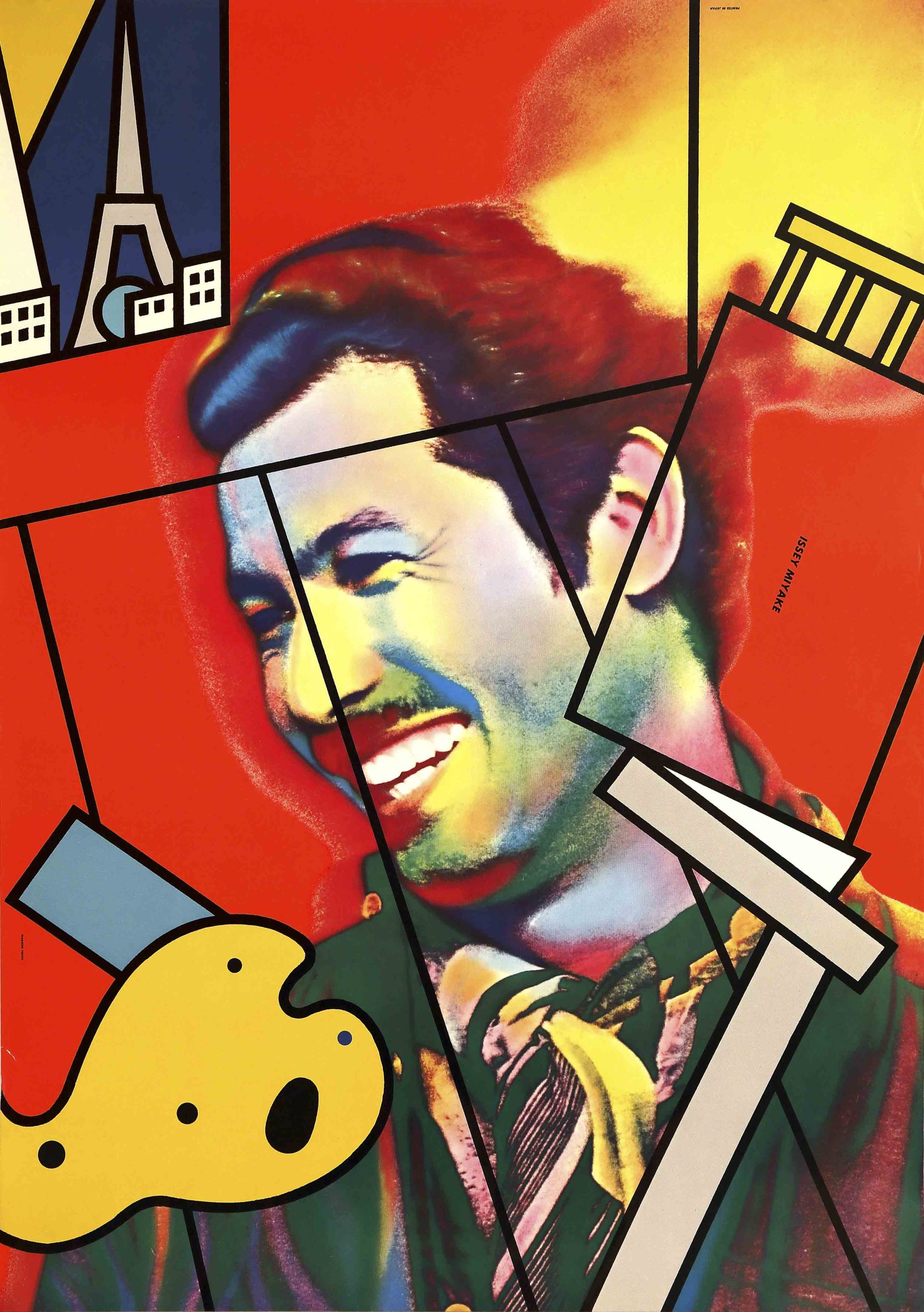A technicolor photo offset poster of Issey Miyake smiling. Outlines of shapes overlay the portrait.