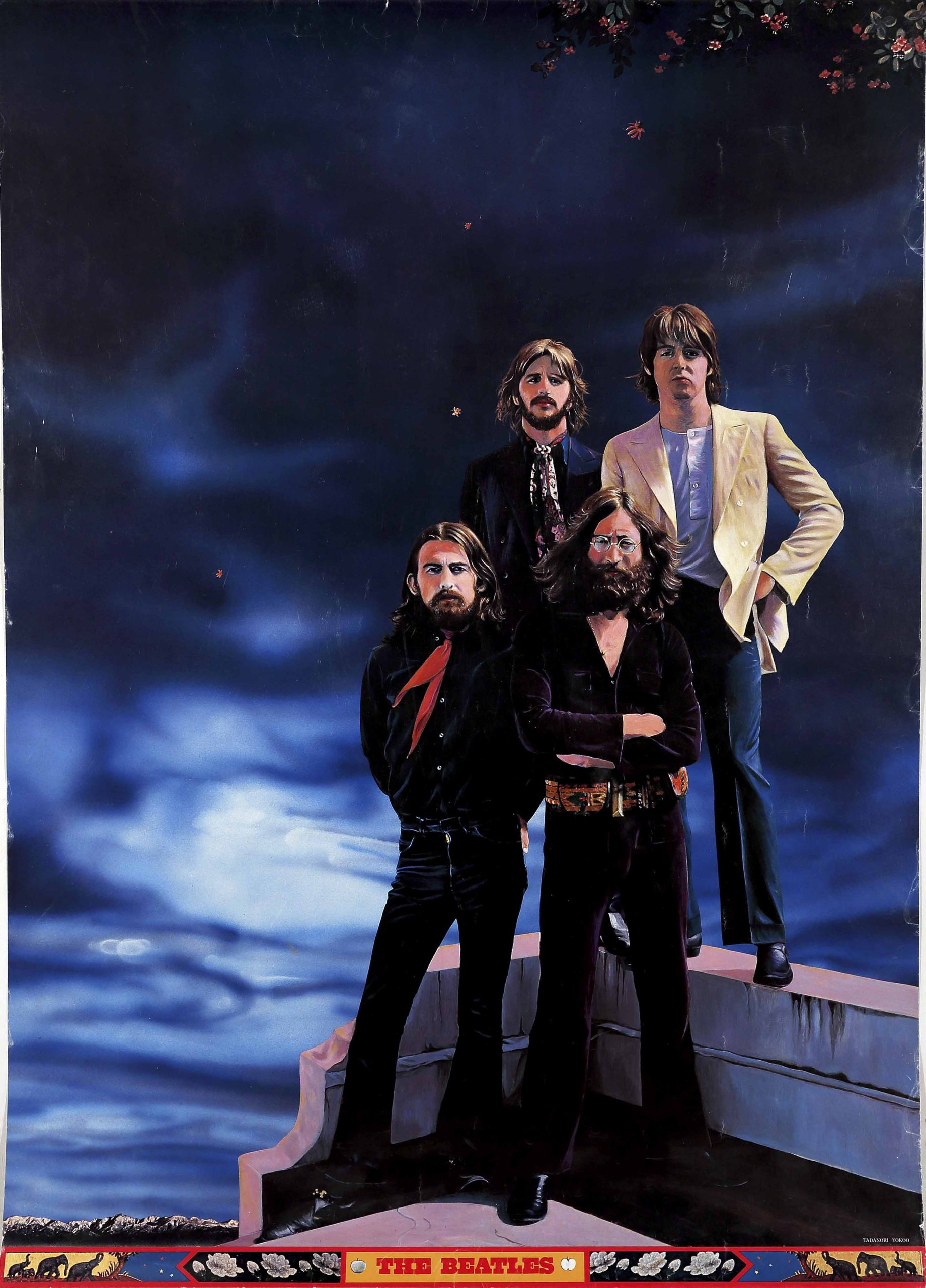 A photo offset poster of the band the Beatles: 4 serious men in front of a galaxy background.