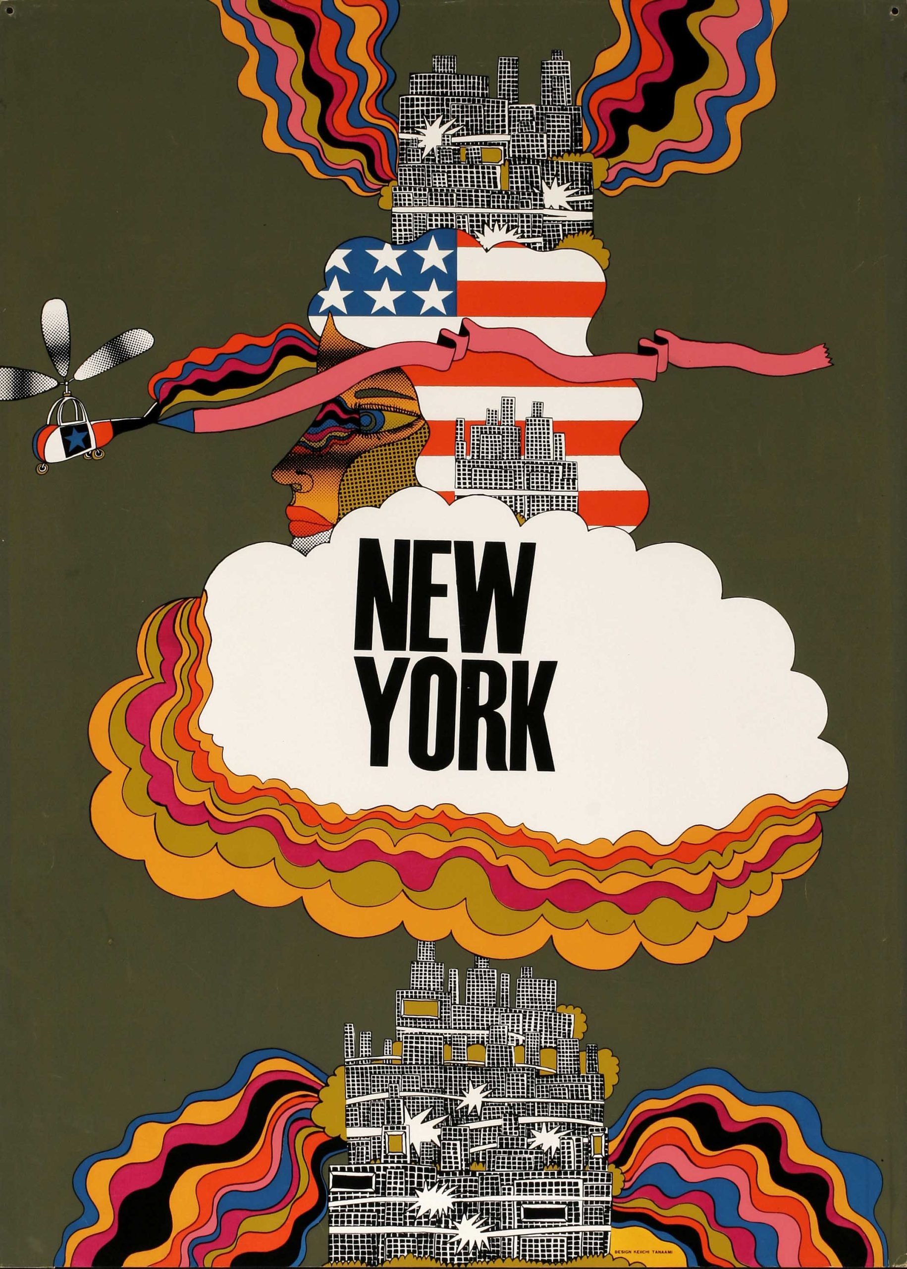 A silkscreen poster of a cloud under a woman's profile with U.S. flag hair and a helicopter.
