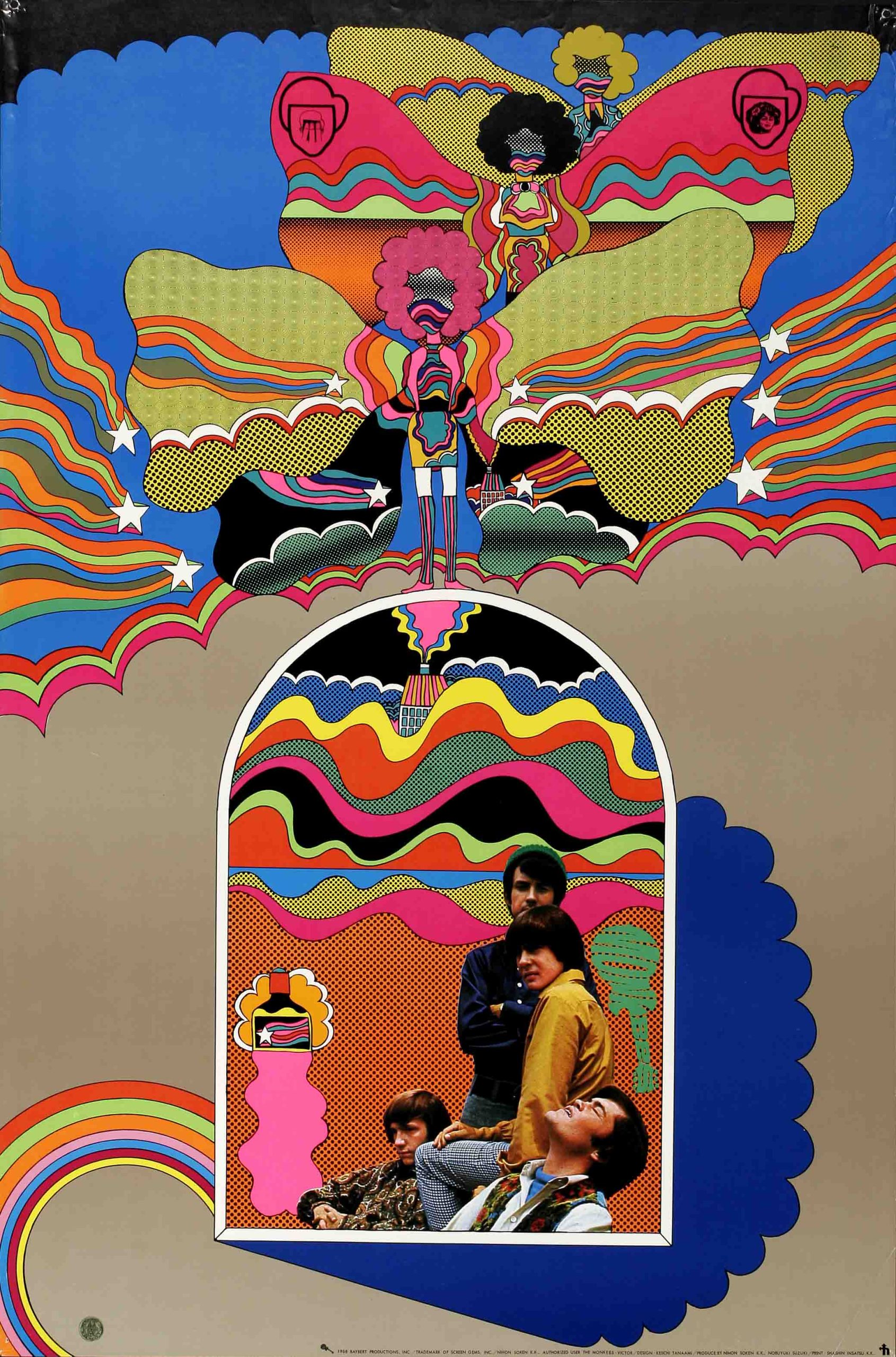 A psychedelic colorful photo offset poster of a band, The Monkees. 4 men sitting and standing.