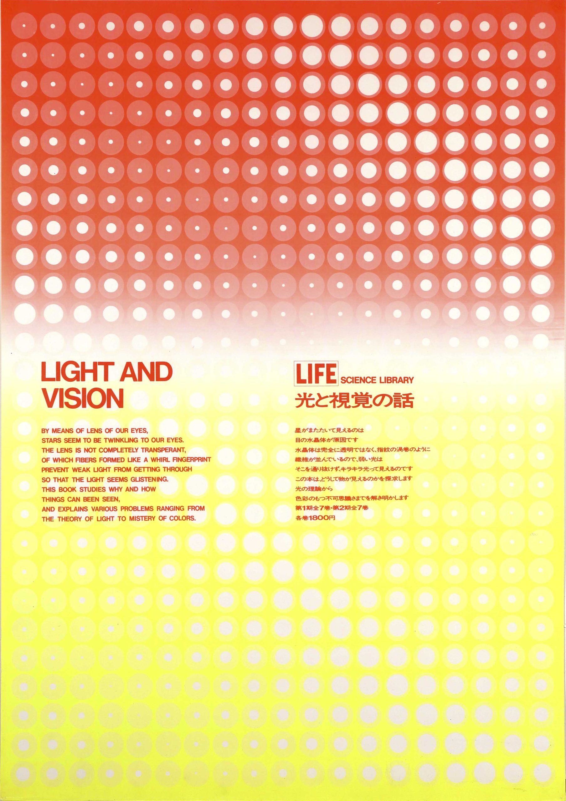 A photo offset poster of an orange to yellow ombré with circles filled to make diagonal lines.