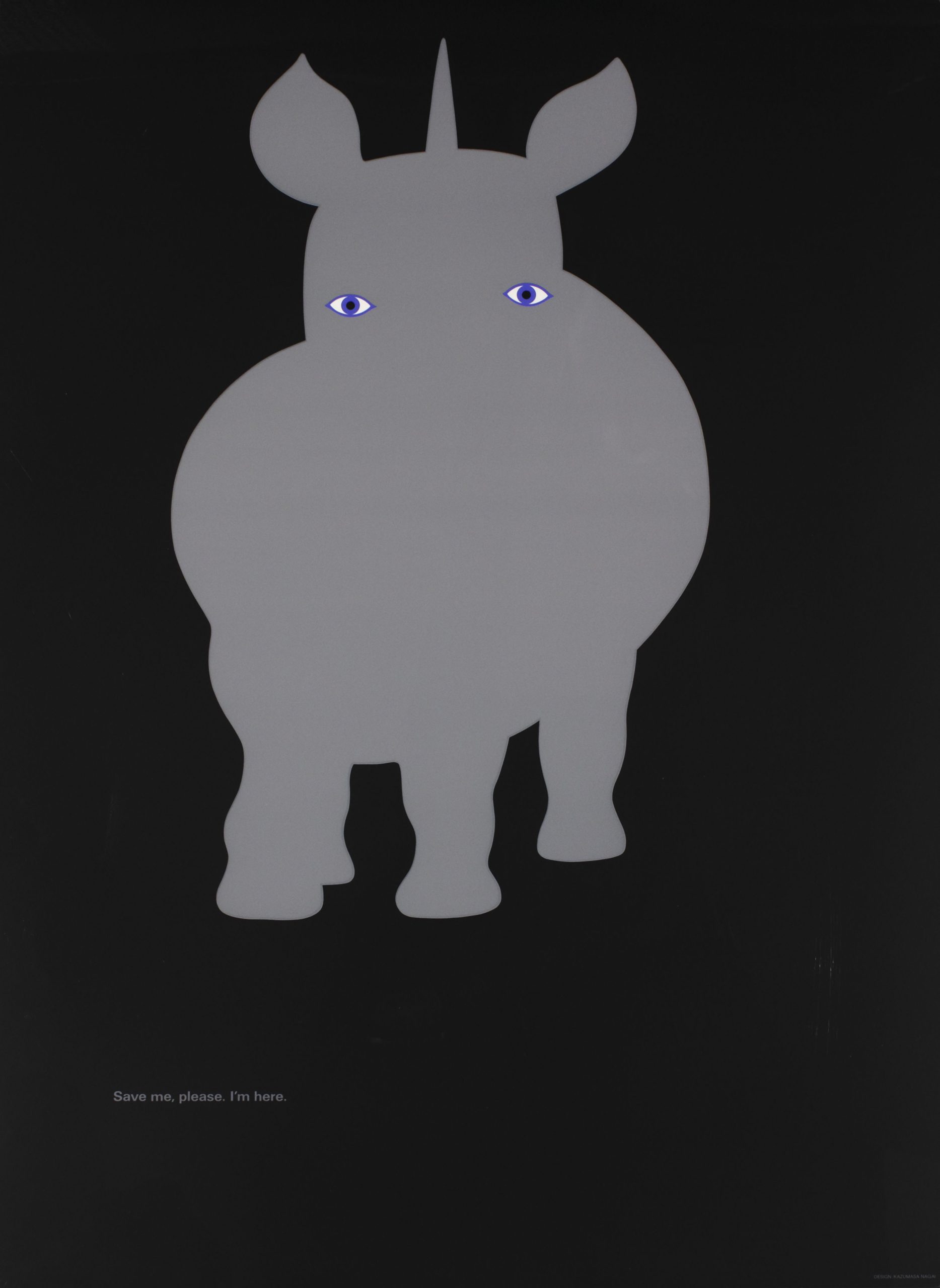 A silkscreen poster of a grey rhino. The only features shown are its purple eyes.