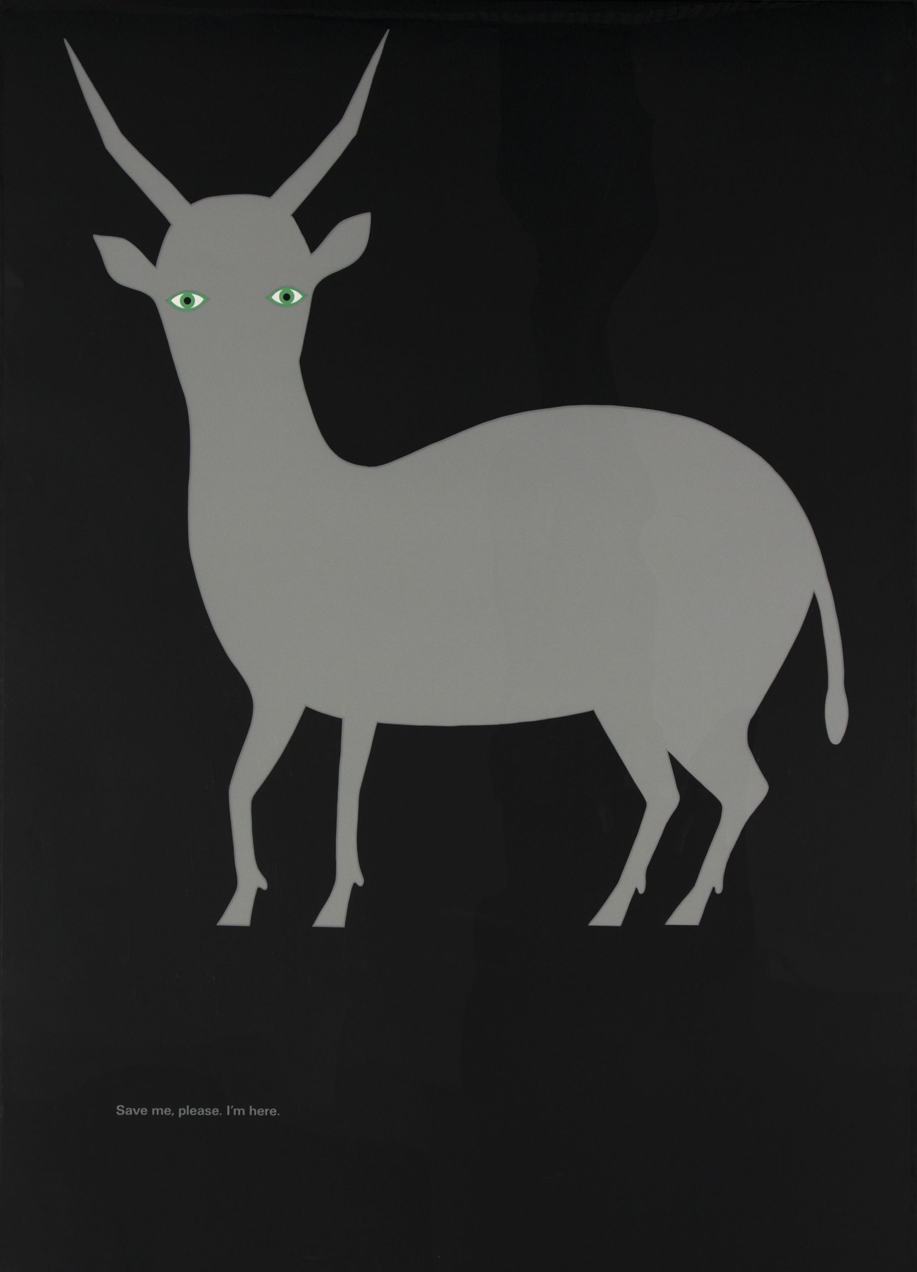 A silkscreen poster of a grey antelope. The only features shown are its green eyes.