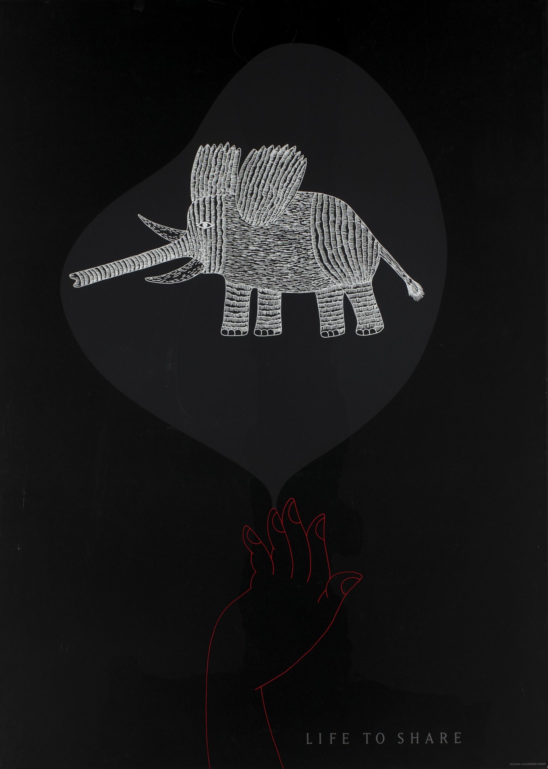 A silkscreen poster of an elephant in a bubble with an outline of a hand underneath.