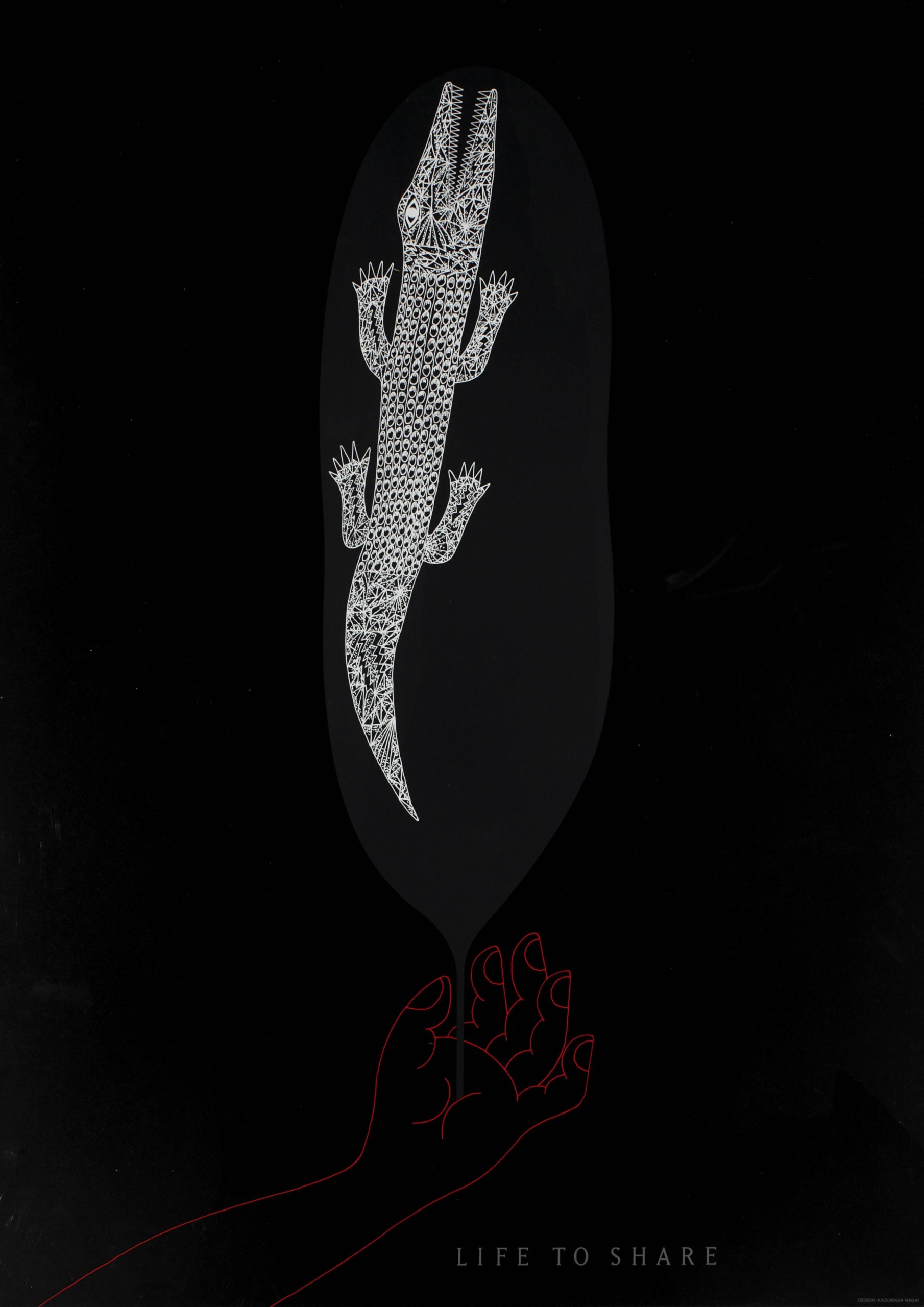 A silkscreen poster of a crocodile in a bubble with an outline of a hand underneath.