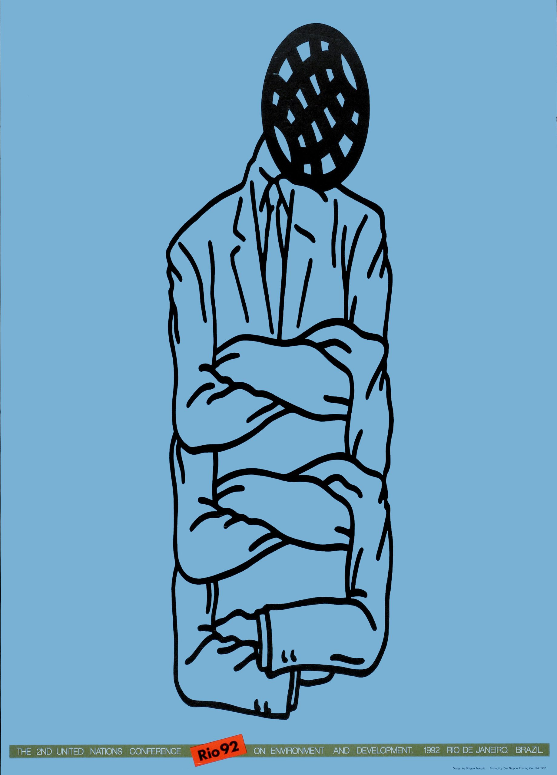 A photo offset poster of a torso dressed in a suit with three sets of folded arms with a globe head.