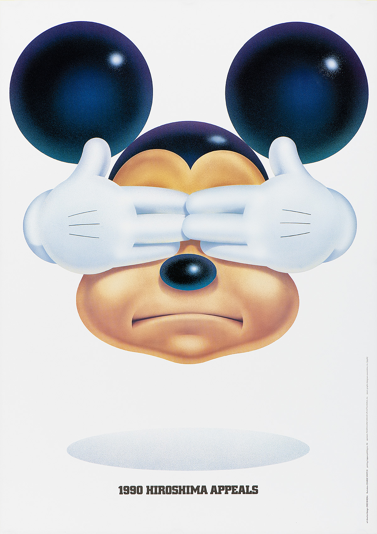 A photo offset poster of a frowning Micky Mouse with his hands covering his eyes.