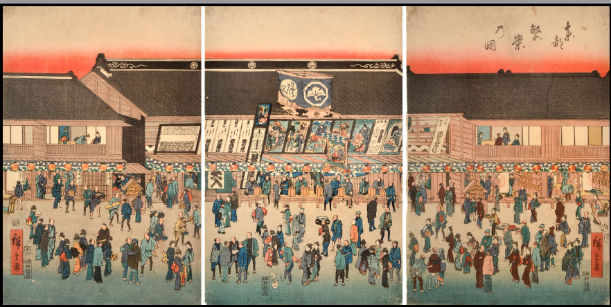 A three part illustrational print of a crowd of people wandering around a theater area.