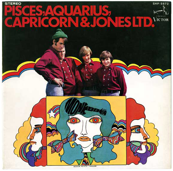 A psychedelic album cover of a band, The Monkees: 4 men smiling on top of an illustration.